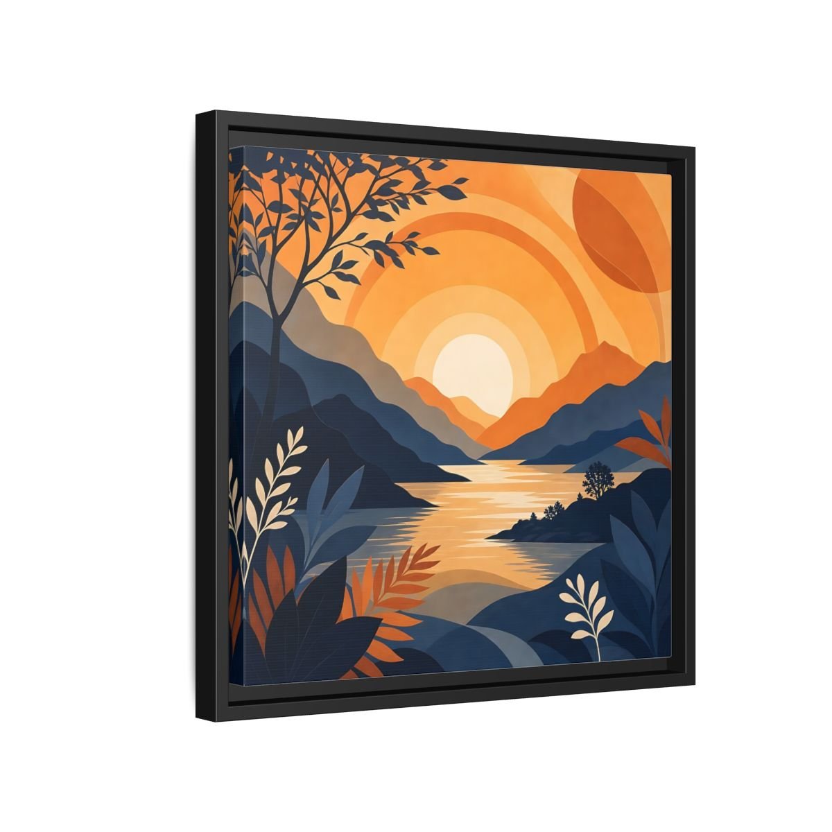 Nature Mountain Sunset Orange And Blue Framed Canvas Print – Modern Decor for Living Room, Above Console Table - YesArtYes