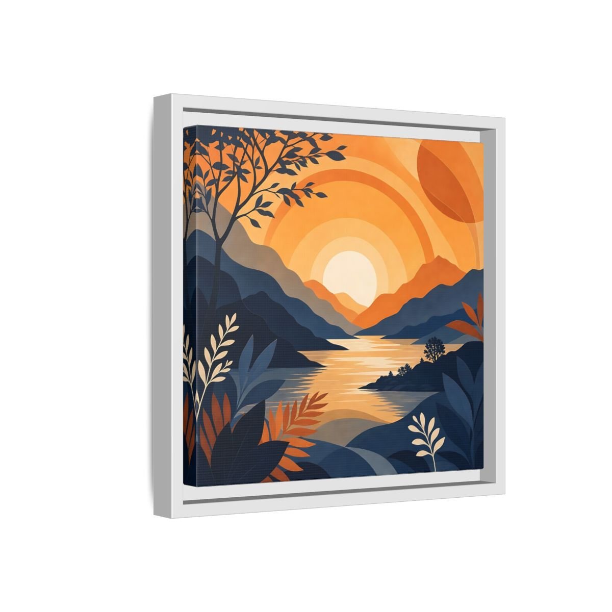 Nature Mountain Sunset Orange And Blue Framed Canvas Print – Modern Decor for Living Room, Above Console Table - YesArtYes