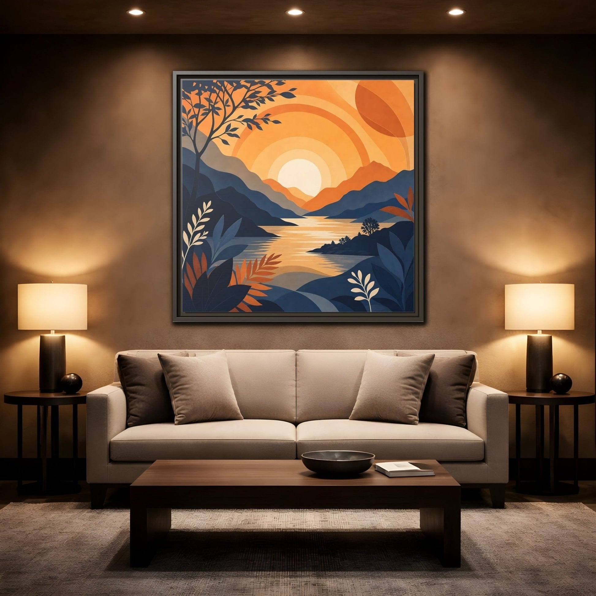 Nature Mountain Sunset Orange And Blue Framed Canvas Print – Modern Decor for Living Room, Above Console Table - YesArtYes