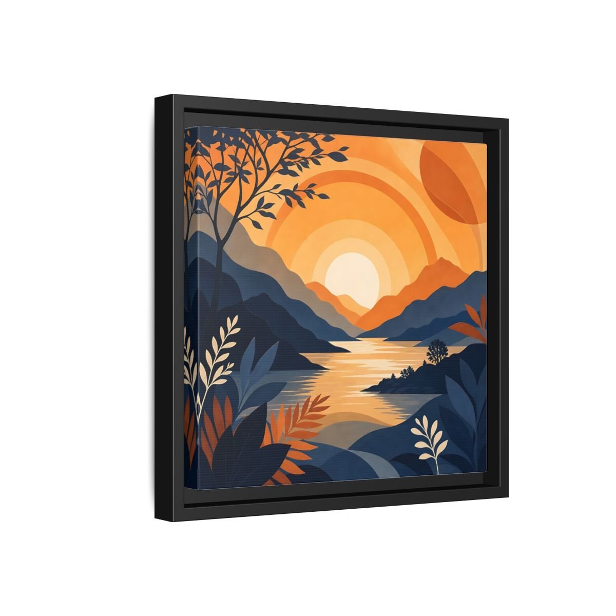 Nature Mountain Sunset Orange And Blue Framed Canvas Print – Modern Decor for Living Room, Above Console Table - YesArtYes