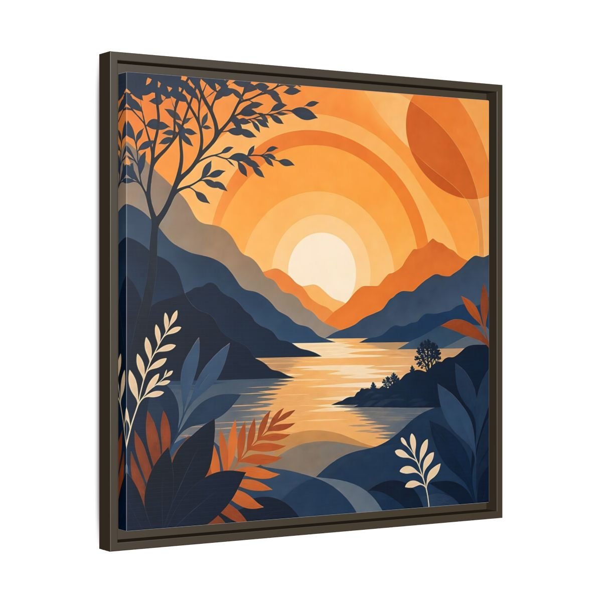 Nature Mountain Sunset Orange And Blue Framed Canvas Print – Modern Decor for Living Room, Above Console Table - YesArtYes