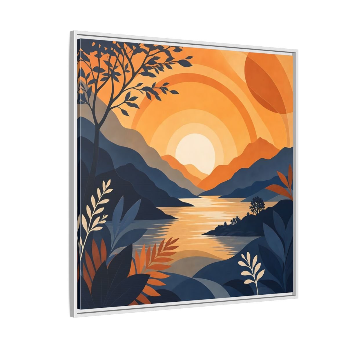Nature Mountain Sunset Orange And Blue Framed Canvas Print – Modern Decor for Living Room, Above Console Table - YesArtYes