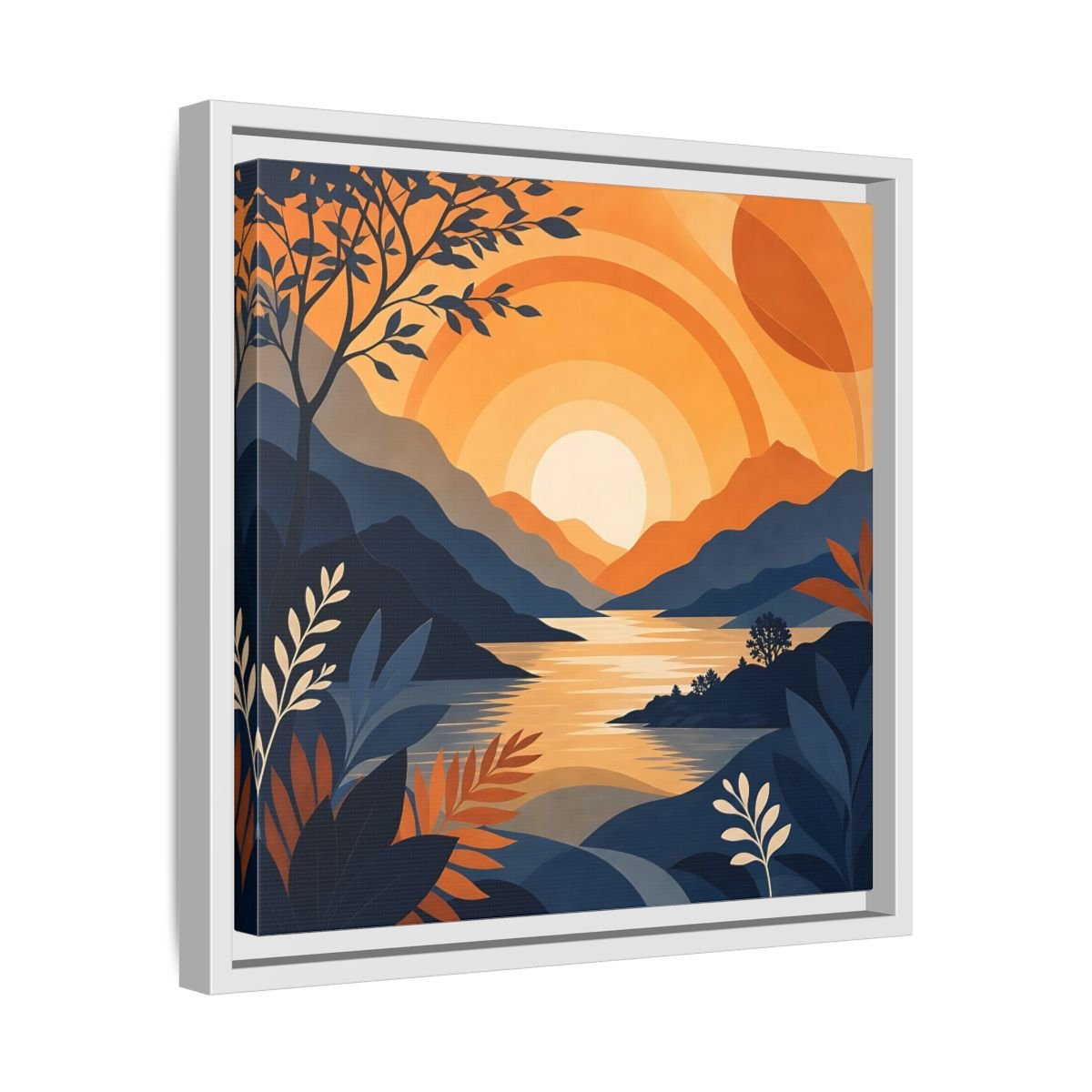 Nature Mountain Sunset Orange And Blue Framed Canvas Print – Modern Decor for Living Room, Above Console Table - YesArtYes