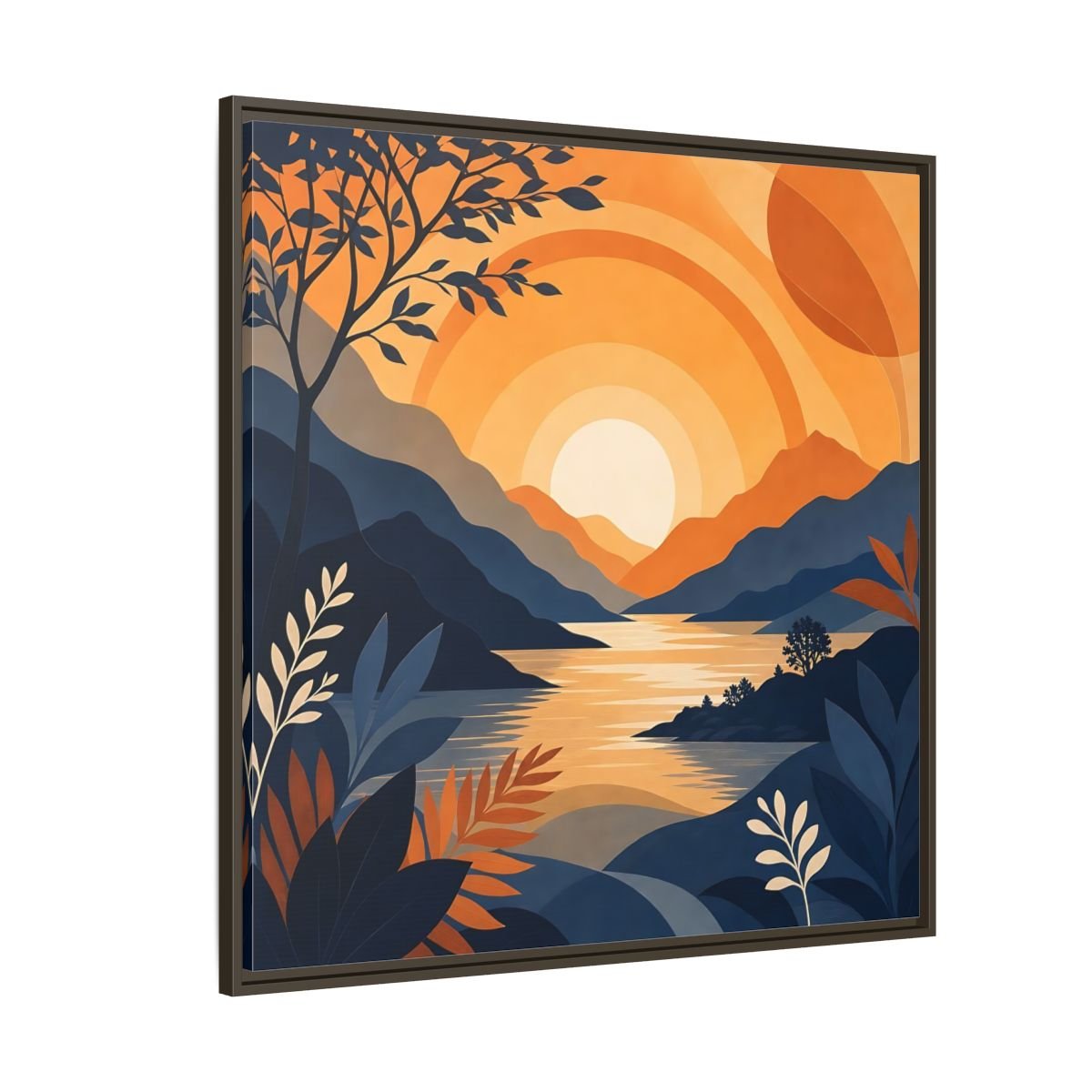 Nature Mountain Sunset Orange And Blue Framed Canvas Print – Modern Decor for Living Room, Above Console Table - YesArtYes