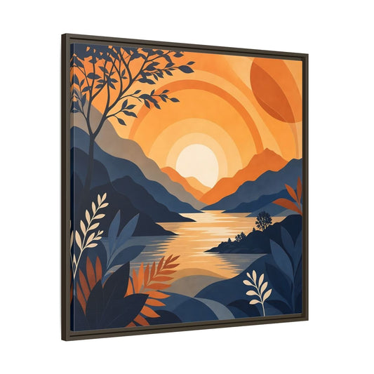 Nature Mountain Sunset Orange And Blue Framed Canvas Print – Modern Decor for Living Room, Above Console Table - YesArtYes