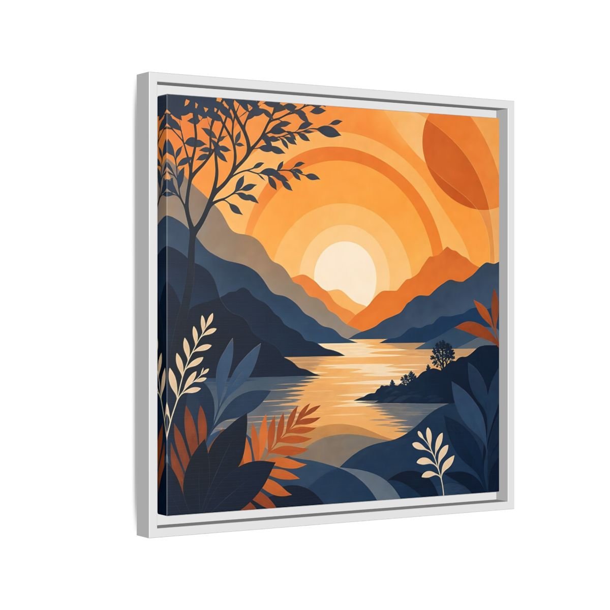 Nature Mountain Sunset Orange And Blue Framed Canvas Print – Modern Decor for Living Room, Above Console Table - YesArtYes
