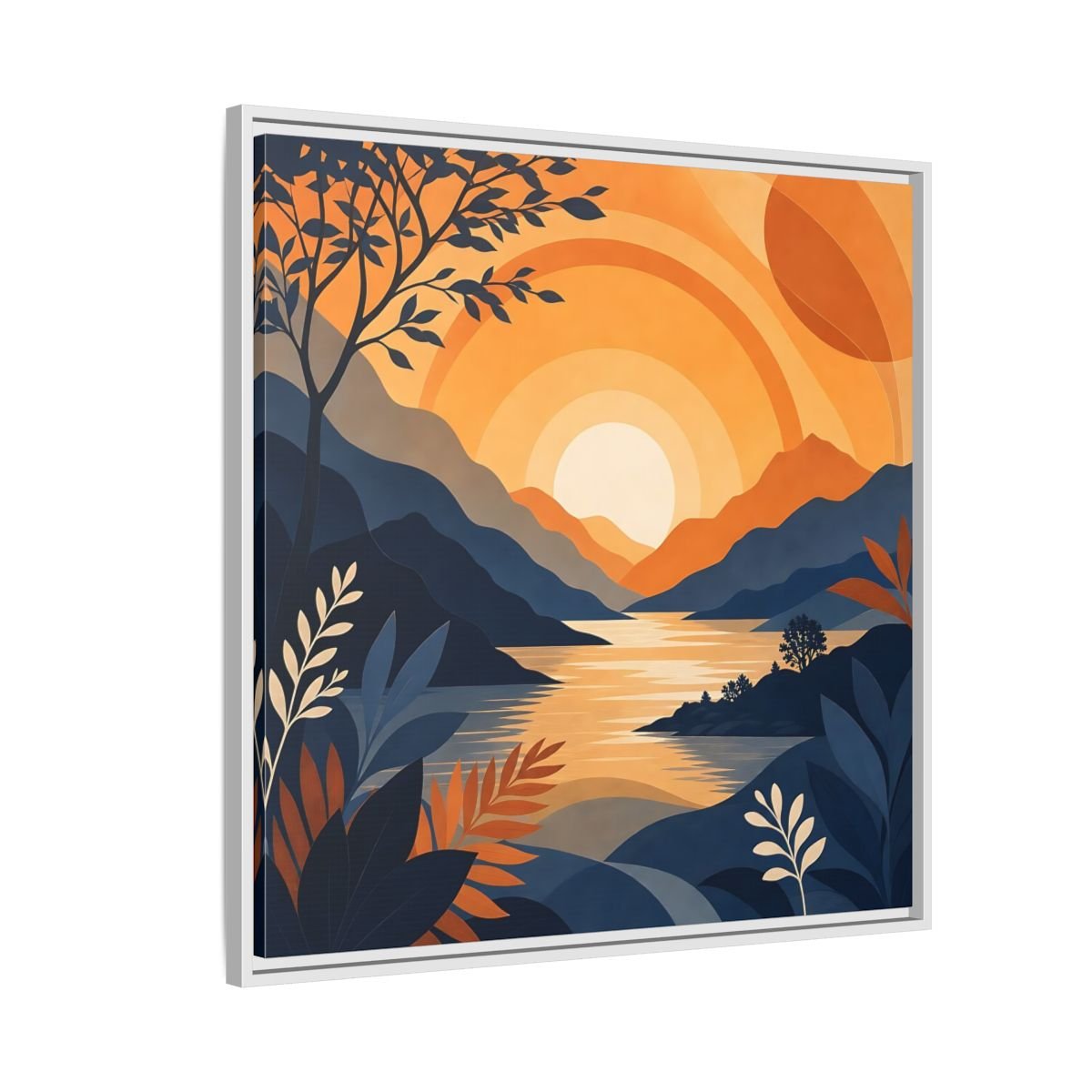 Nature Mountain Sunset Orange And Blue Framed Canvas Print – Modern Decor for Living Room, Above Console Table - YesArtYes