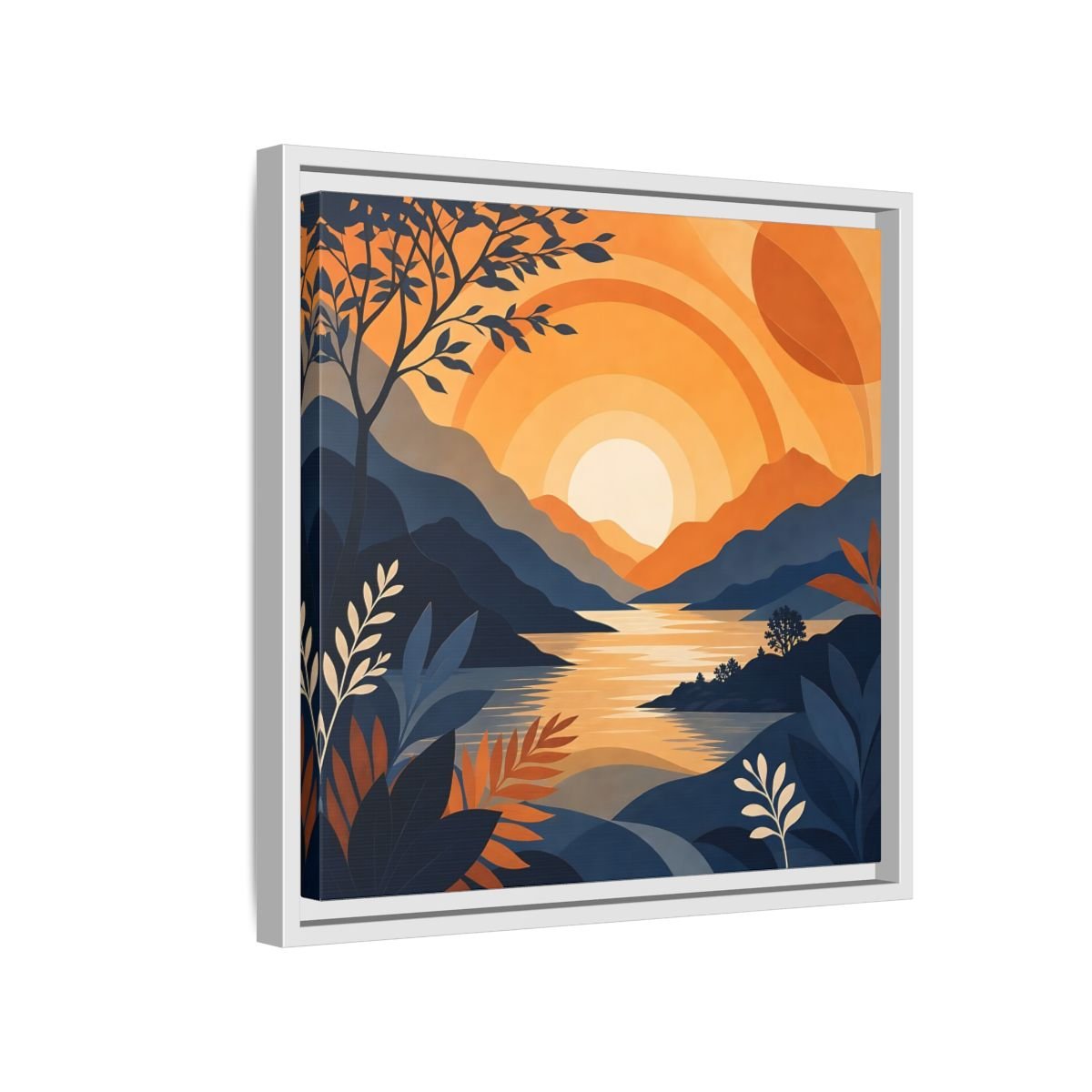 Nature Mountain Sunset Orange And Blue Framed Canvas Print – Modern Decor for Living Room, Above Console Table - YesArtYes