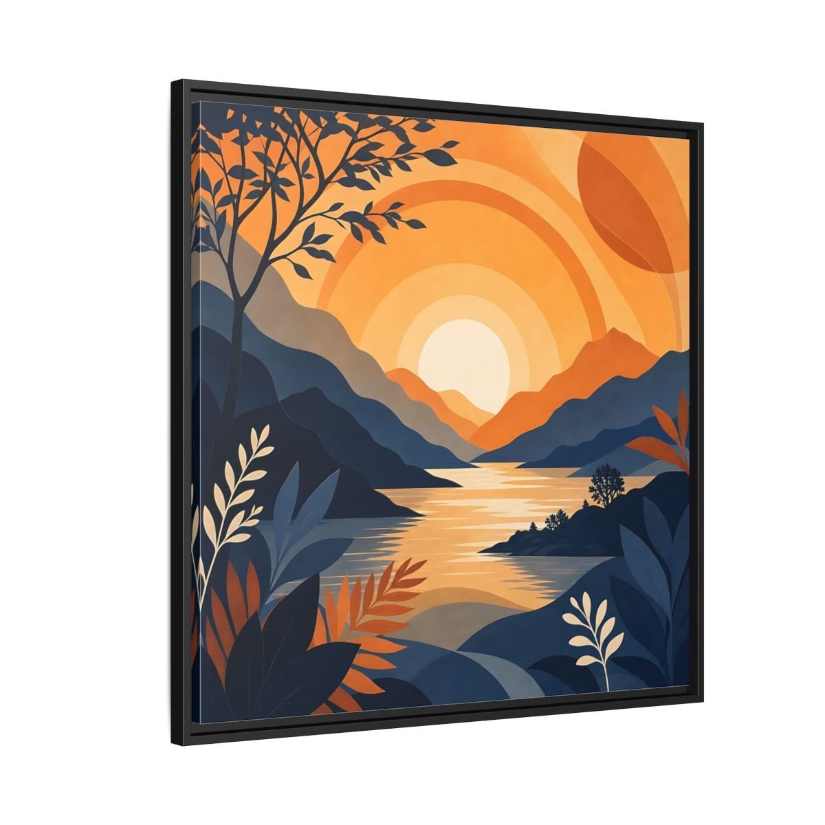 Nature Mountain Sunset Orange And Blue Framed Canvas Print – Modern Decor for Living Room, Above Console Table - YesArtYes