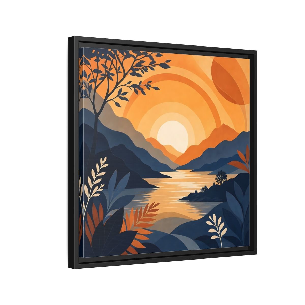 Nature Mountain Sunset Orange And Blue Framed Canvas Print – Modern Decor for Living Room, Above Console Table - YesArtYes