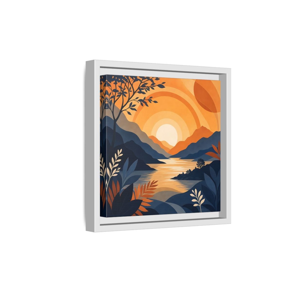 Nature Mountain Sunset Orange And Blue Framed Canvas Print – Modern Decor for Living Room, Above Console Table - YesArtYes
