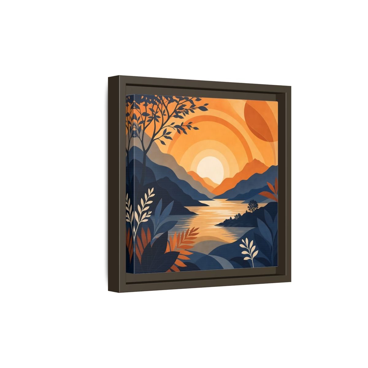 Nature Mountain Sunset Orange And Blue Framed Canvas Print – Modern Decor for Living Room, Above Console Table - YesArtYes