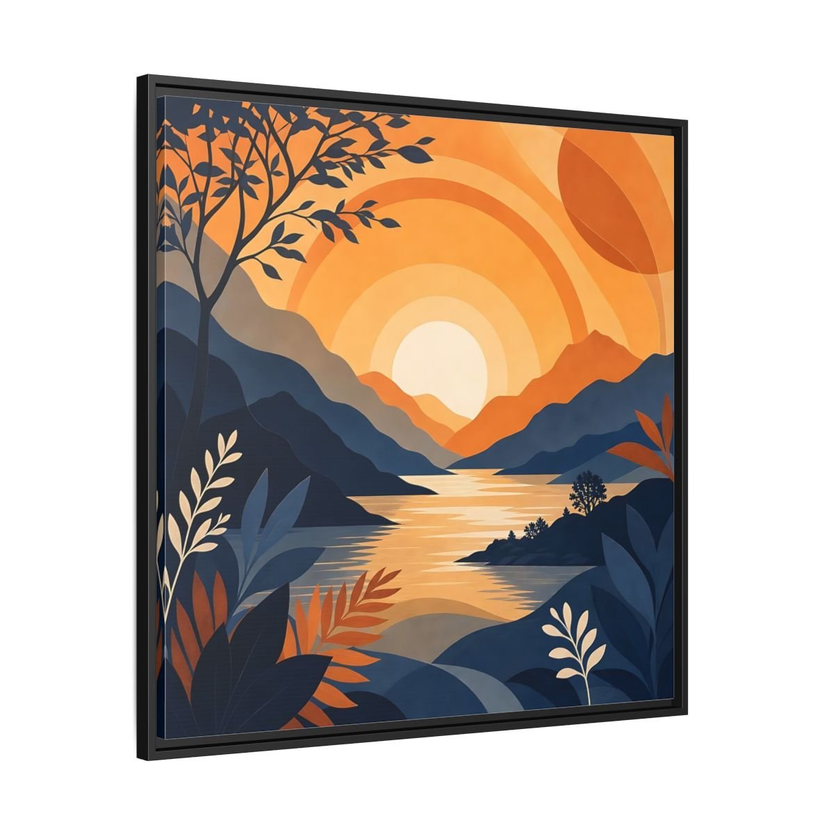 Nature Mountain Sunset Orange And Blue Framed Canvas Print – Modern Decor for Living Room, Above Console Table - YesArtYes
