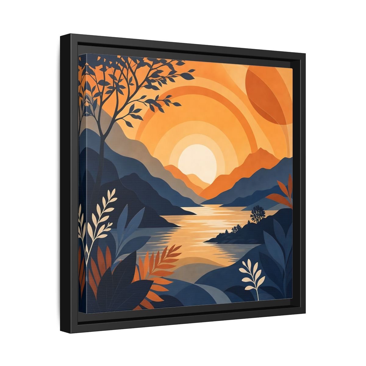 Nature Mountain Sunset Orange And Blue Framed Canvas Print – Modern Decor for Living Room, Above Console Table - YesArtYes