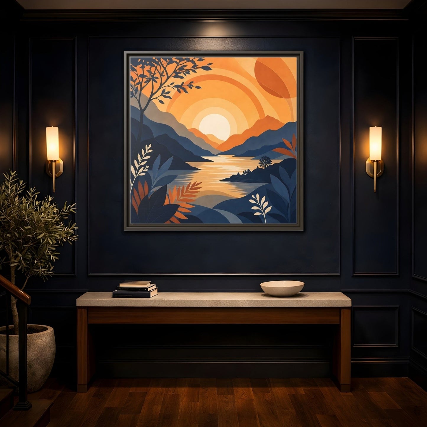 Nature Mountain Sunset Orange And Blue Framed Canvas Print – Modern Decor for Living Room, Above Console Table - YesArtYes