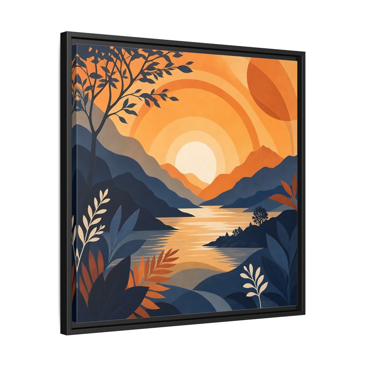 Nature Mountain Sunset Orange And Blue Framed Canvas Print – Modern Decor for Living Room, Above Console Table - YesArtYes