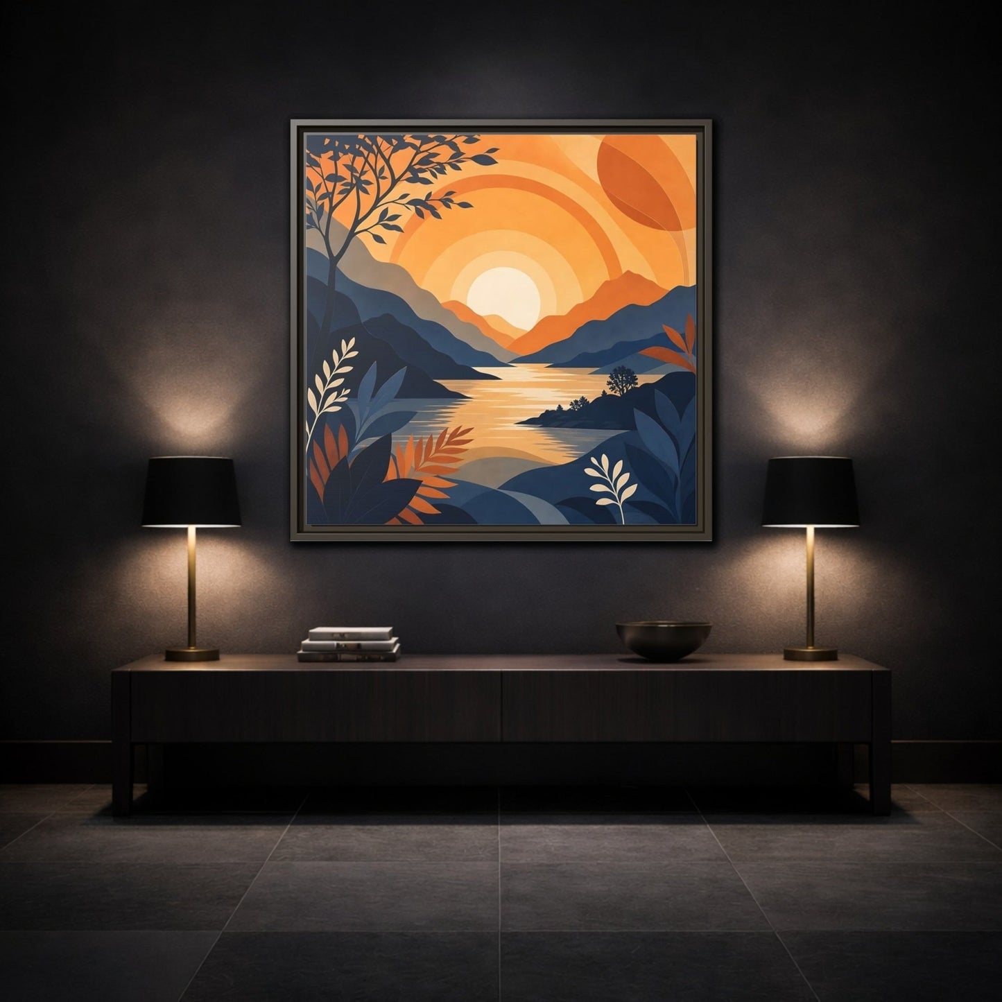 Nature Mountain Sunset Orange And Blue Framed Canvas Print – Modern Decor for Living Room, Above Console Table - YesArtYes