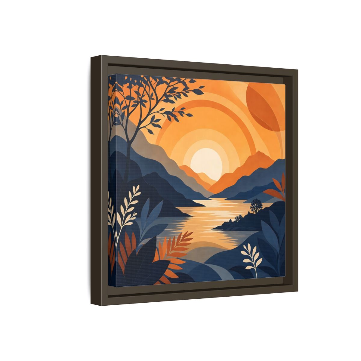 Side Mockup 17. Nature Mountain Sunset Orange And Blue shown as framed canvas print