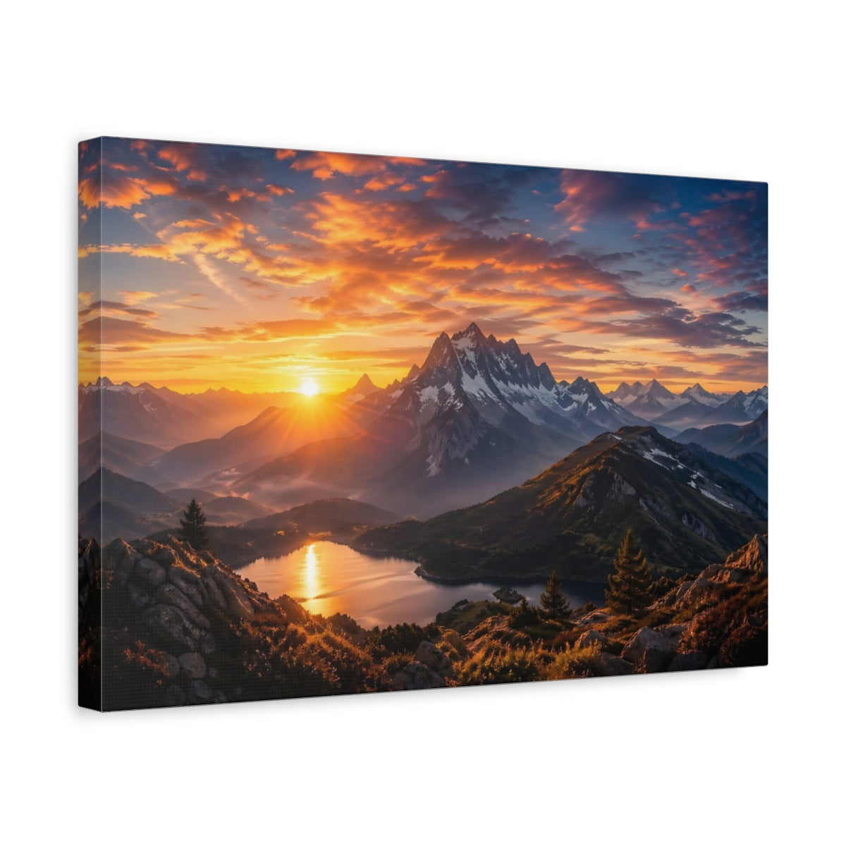 Side Mockup 4. Nature Mountain Sunset Orange Blue Mountains shown as stretched canvas wall art