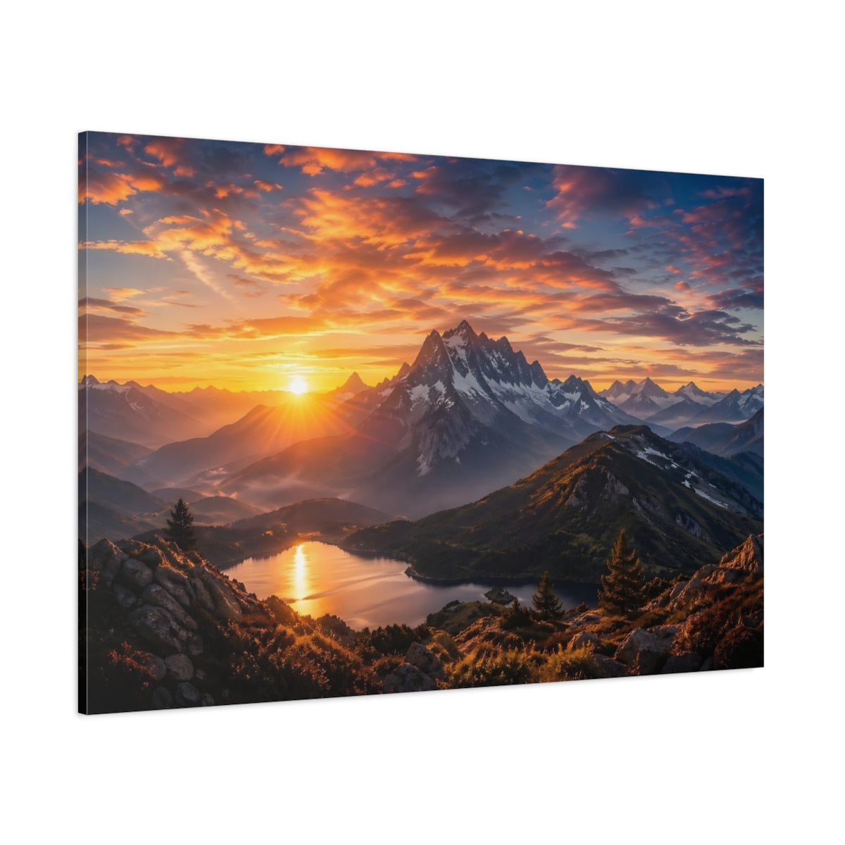 Side Mockup 1. Nature Mountain Sunset Orange Blue Mountains shown as stretched canvas wall art