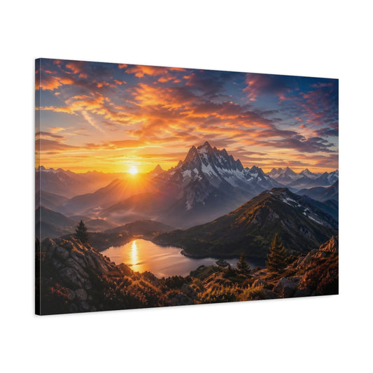 Main Mockup. Nature Mountain Sunset Orange Blue Mountains shown as stretched canvas wall art