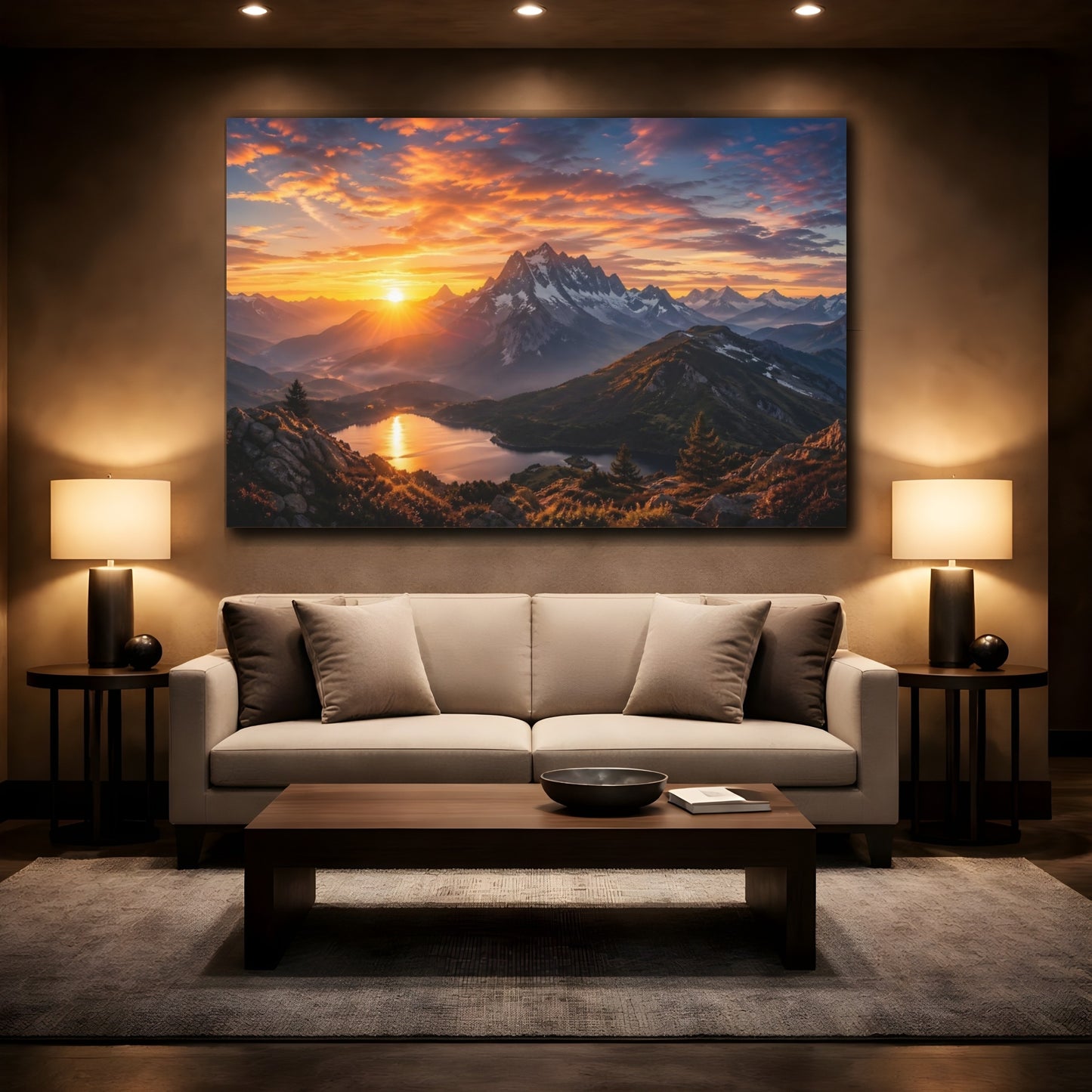 Mockup 2. Nature Mountain Sunset Orange Blue Mountains shown as stretched canvas wall art