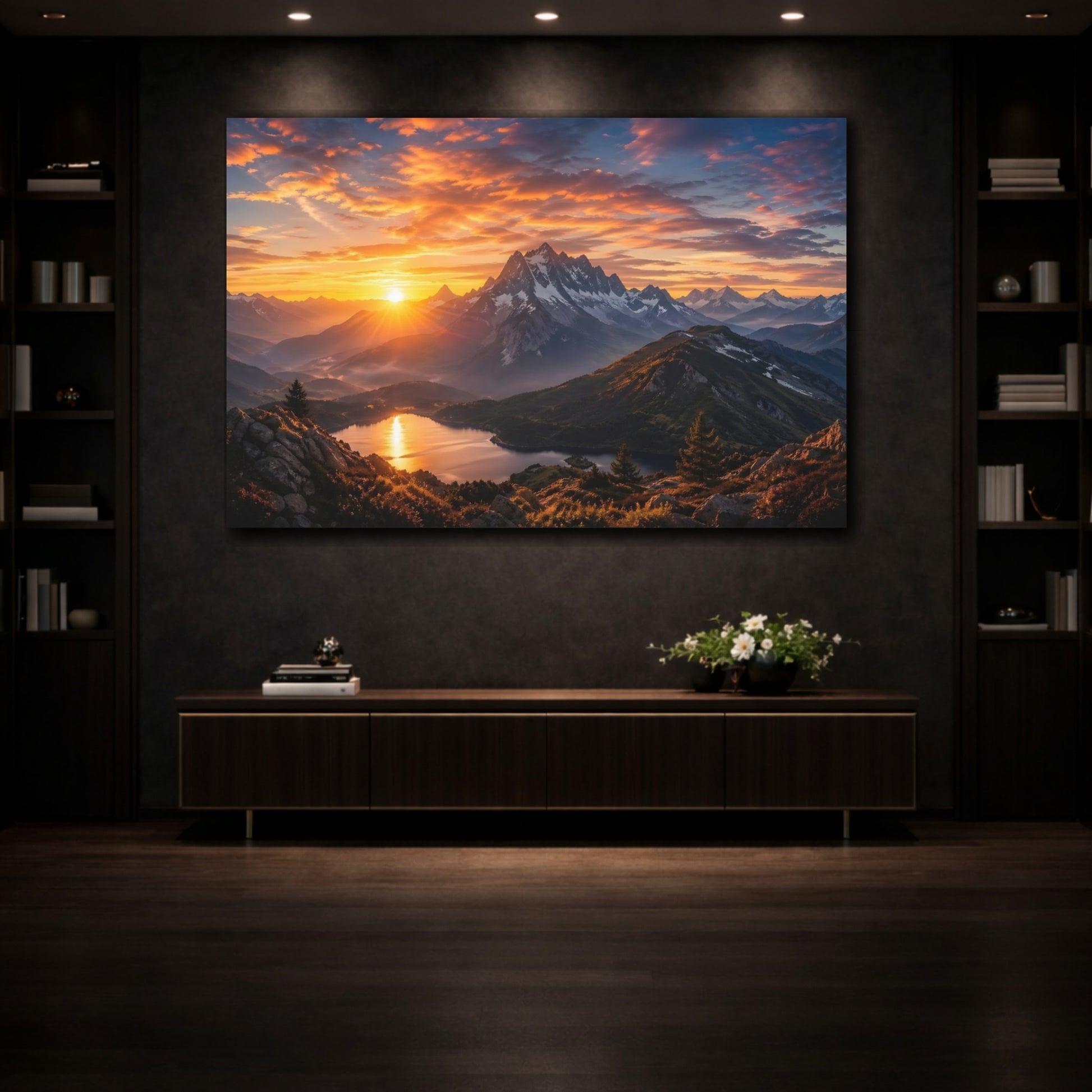 Mockup 3. Nature Mountain Sunset Orange Blue Mountains shown as stretched canvas wall art