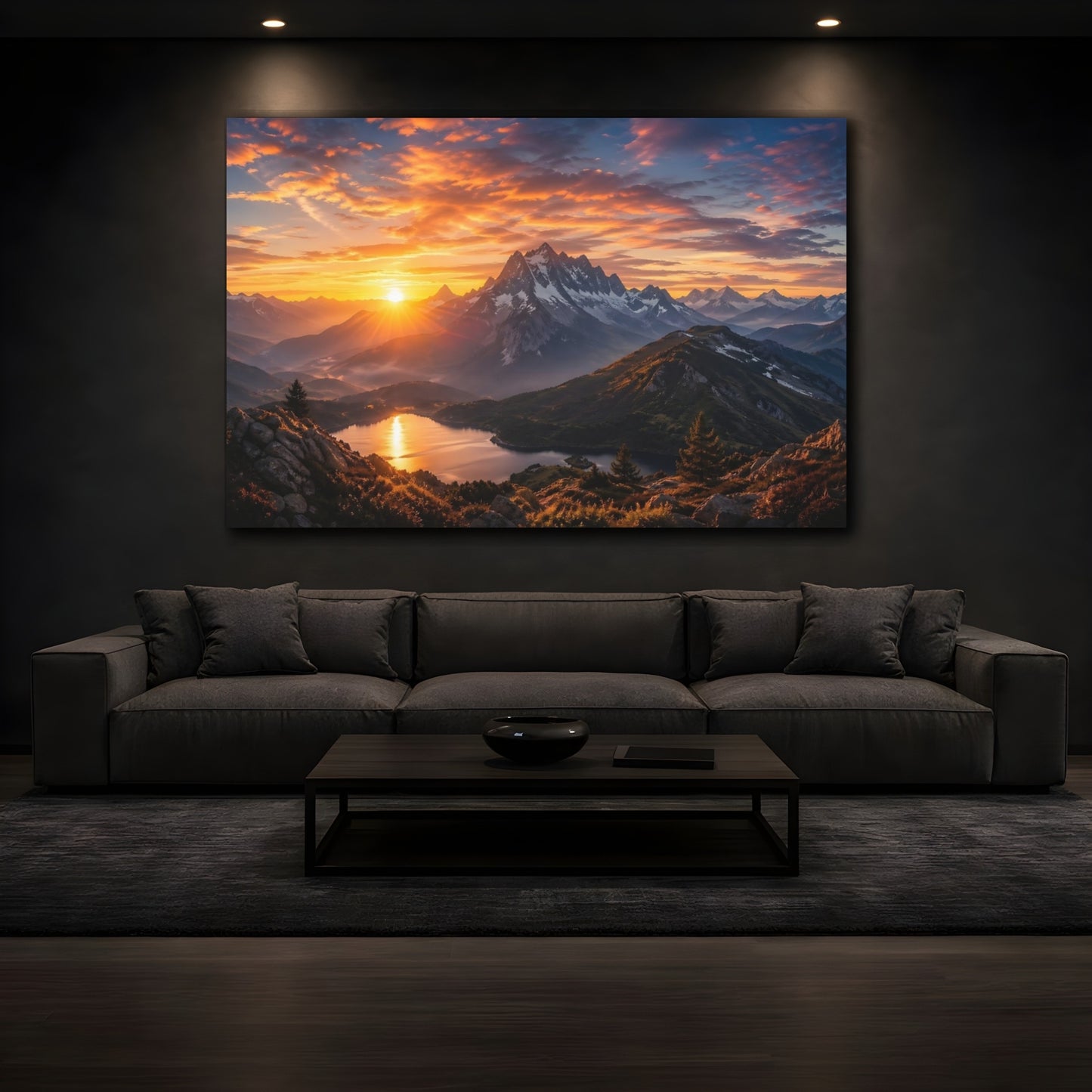 Mockup 4. Nature Mountain Sunset Orange Blue Mountains shown as stretched canvas wall art