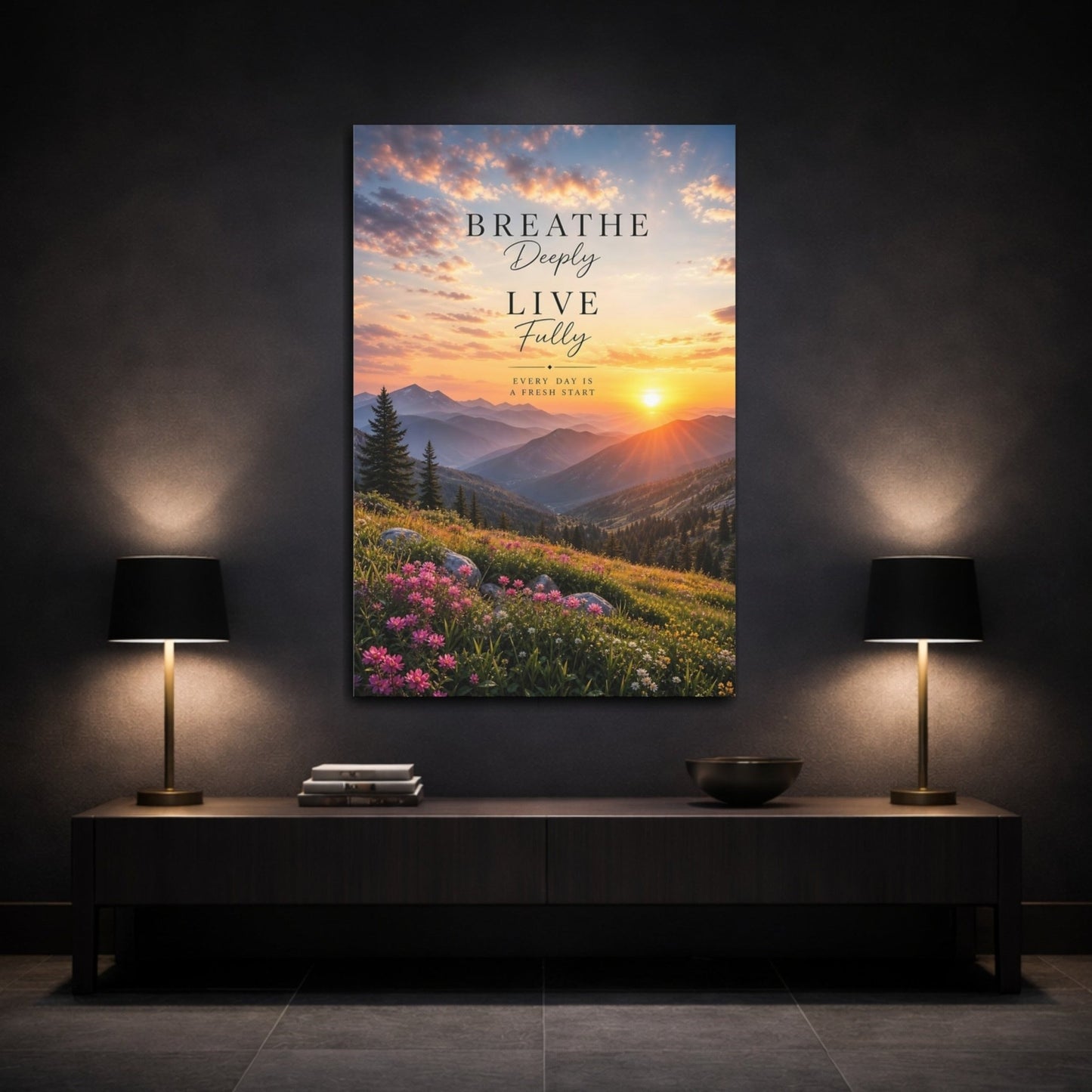 Nature Mountain Sunset Orange Pink Canvas Print – Inspirational Decor for Living Room, Above Console Table - YesArtYes