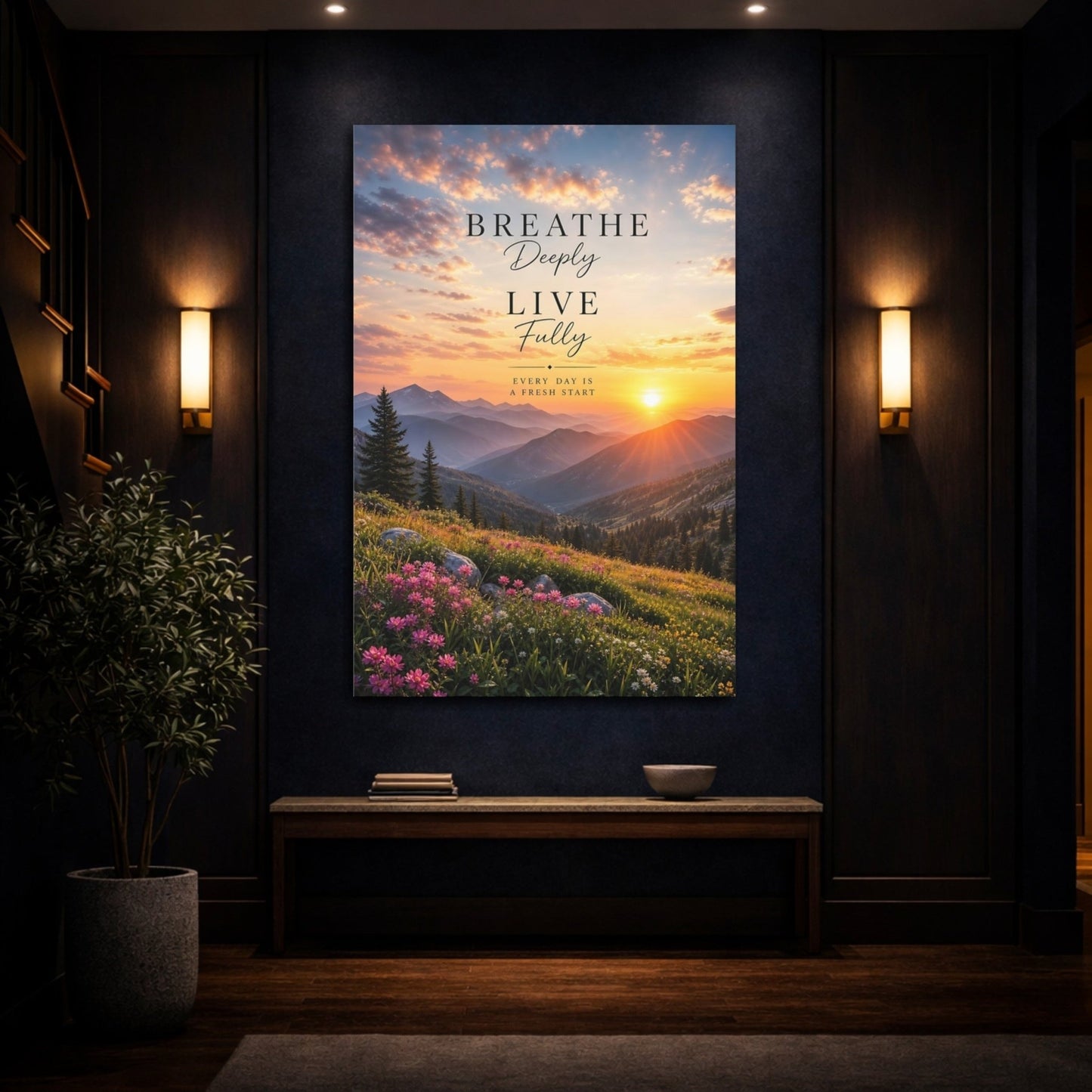 Nature Mountain Sunset Orange Pink Canvas Print – Inspirational Decor for Living Room, Above Console Table - YesArtYes