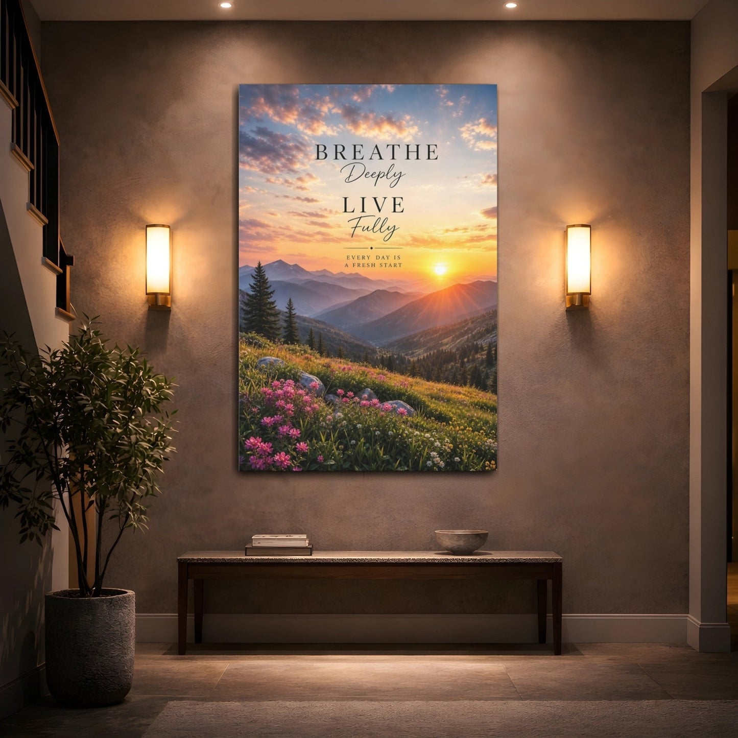 Nature Mountain Sunset Orange Pink Canvas Print – Inspirational Decor for Living Room, Above Console Table - YesArtYes
