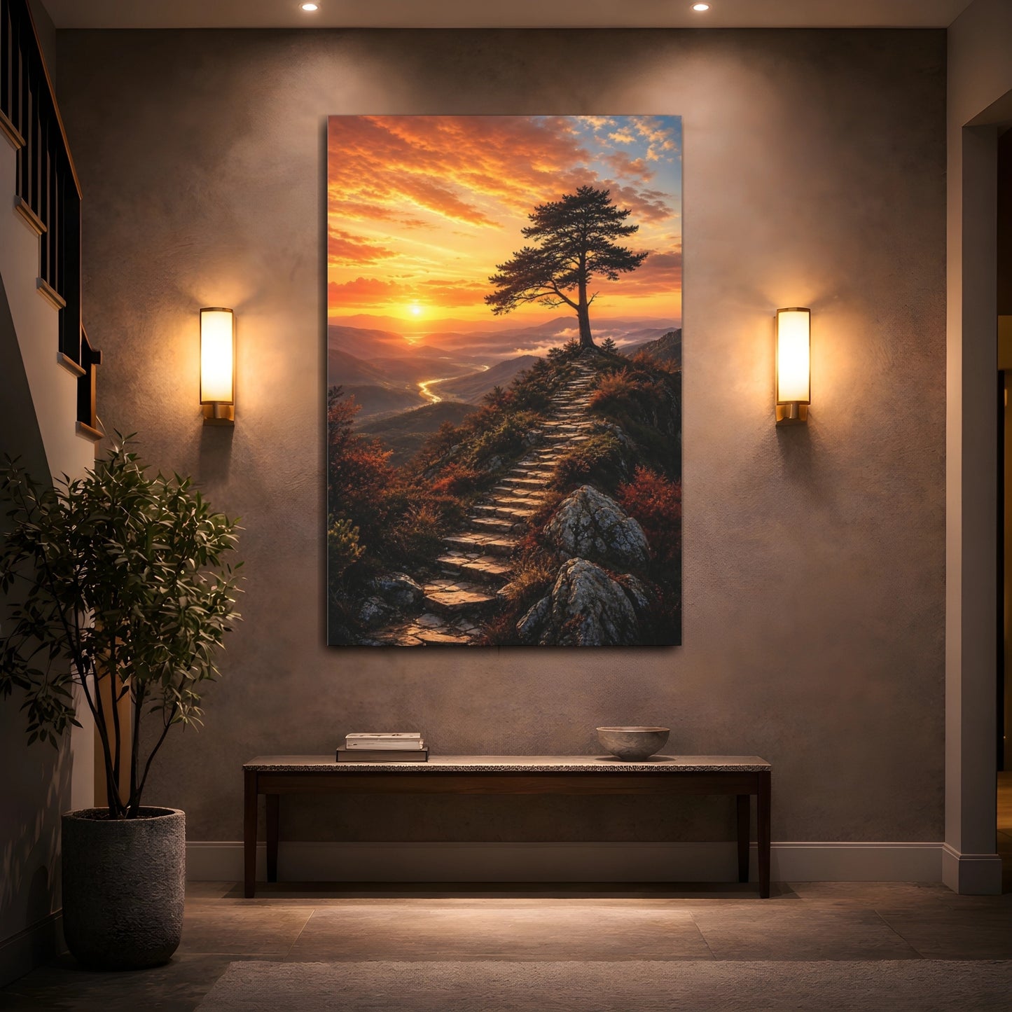 Mockup 2. Nature Mountain Sunset Orange Sunset Landscape shown as stretched canvas wall art