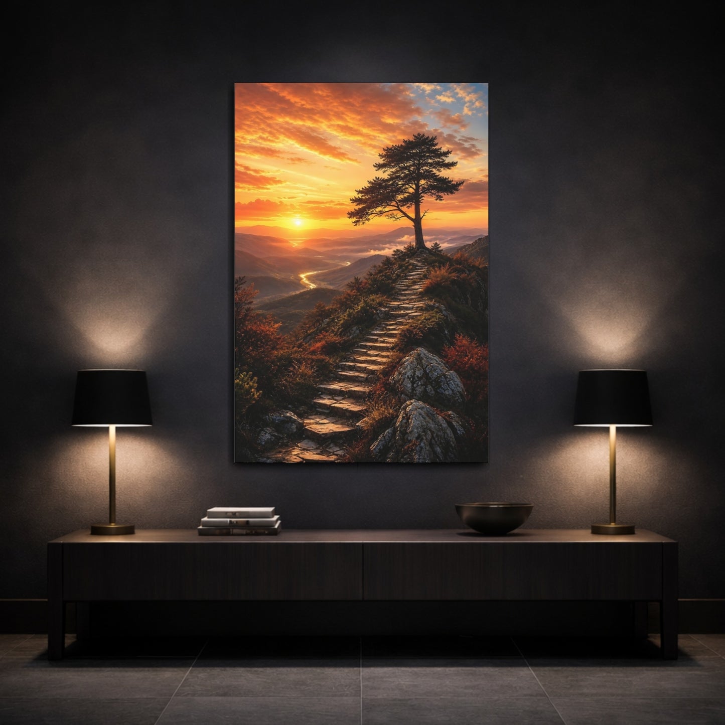 Mockup 3. Nature Mountain Sunset Orange Sunset Landscape shown as stretched canvas wall art