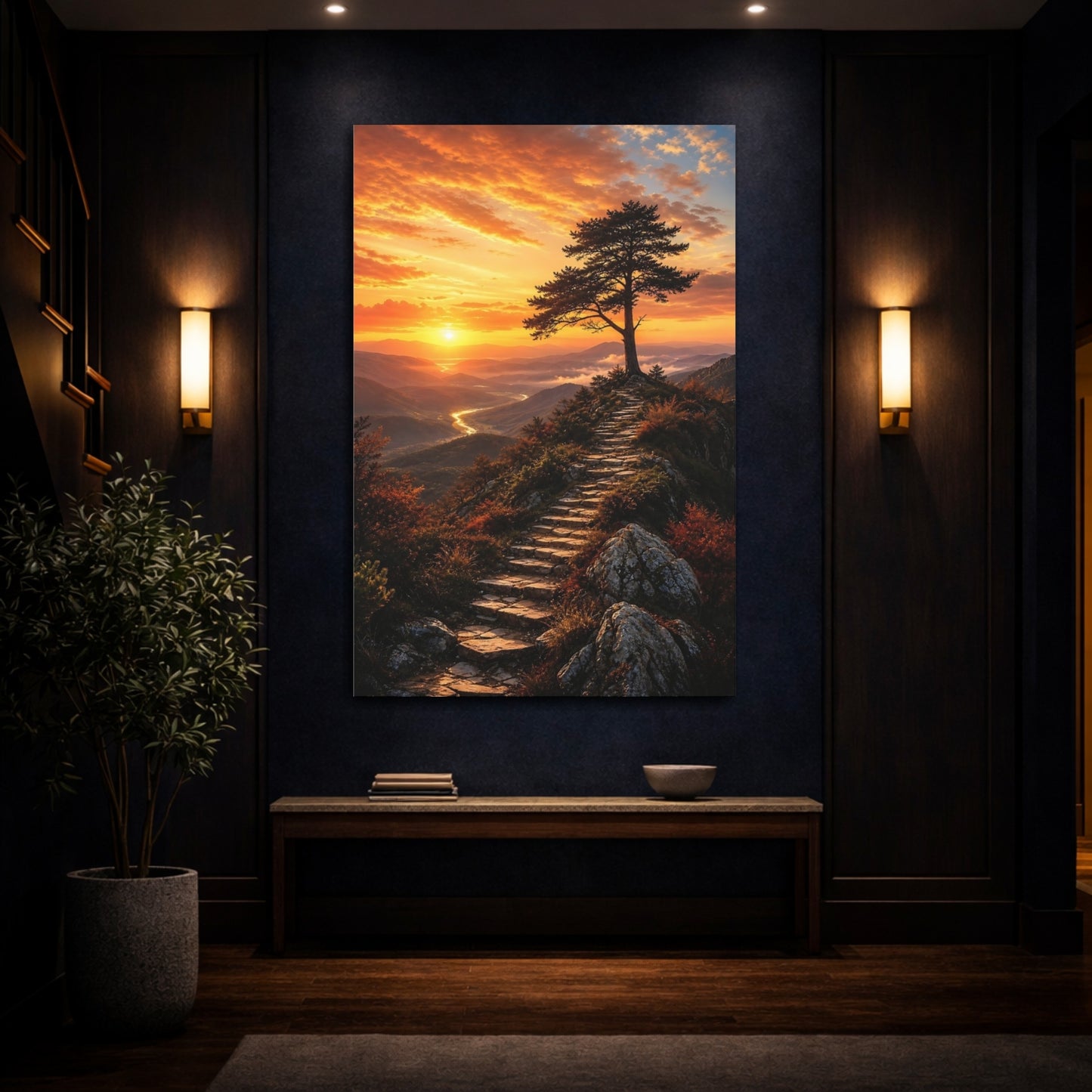 Mockup 4. Nature Mountain Sunset Orange Sunset Landscape shown as stretched canvas wall art
