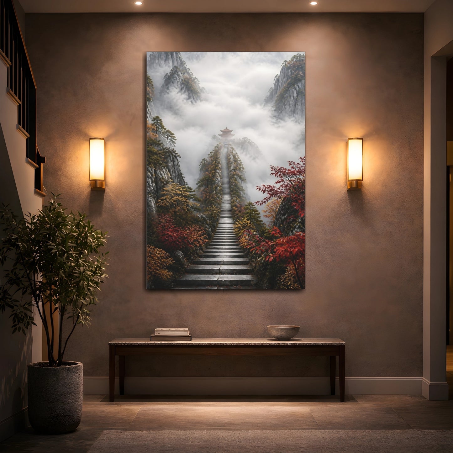Mockup 2. Nature Mountain Temple Misty Mountain Path shown as stretched canvas wall art