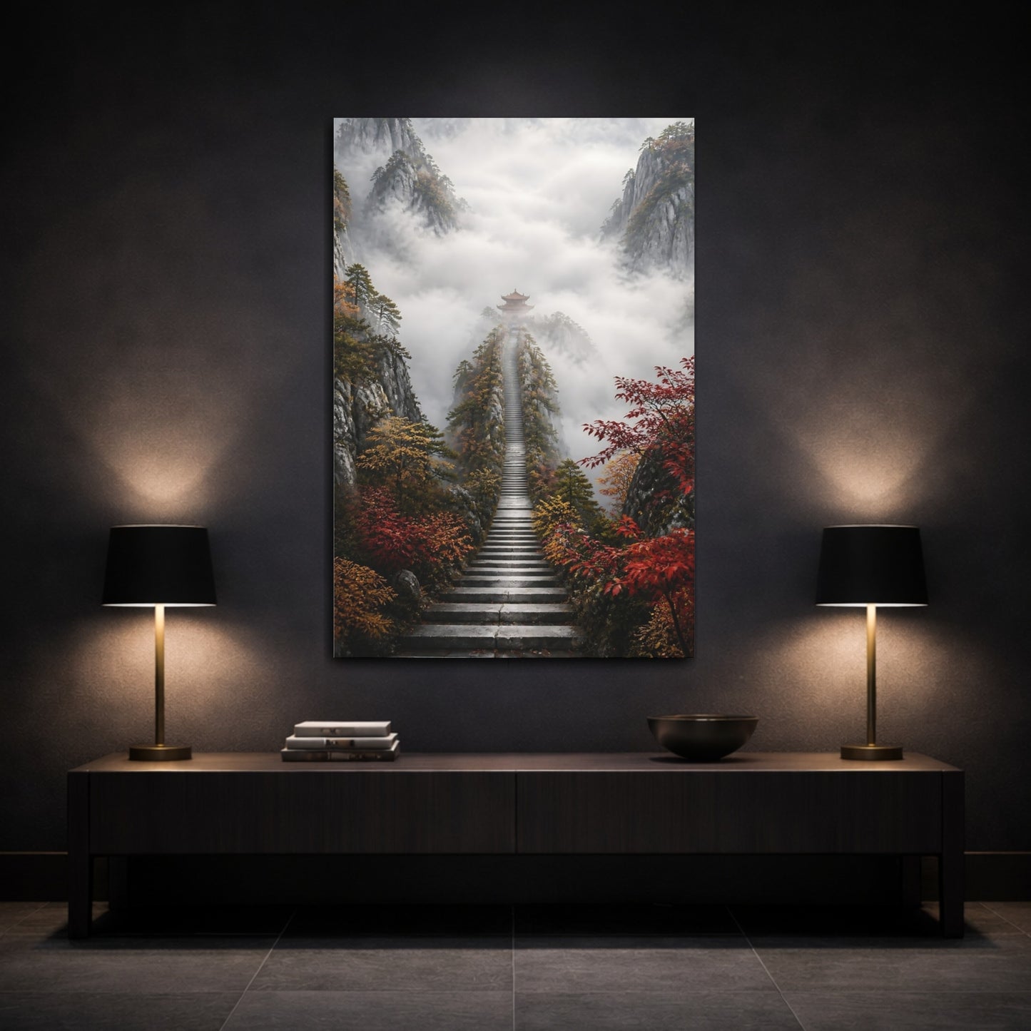 Mockup 3. Nature Mountain Temple Misty Mountain Path shown as stretched canvas wall art