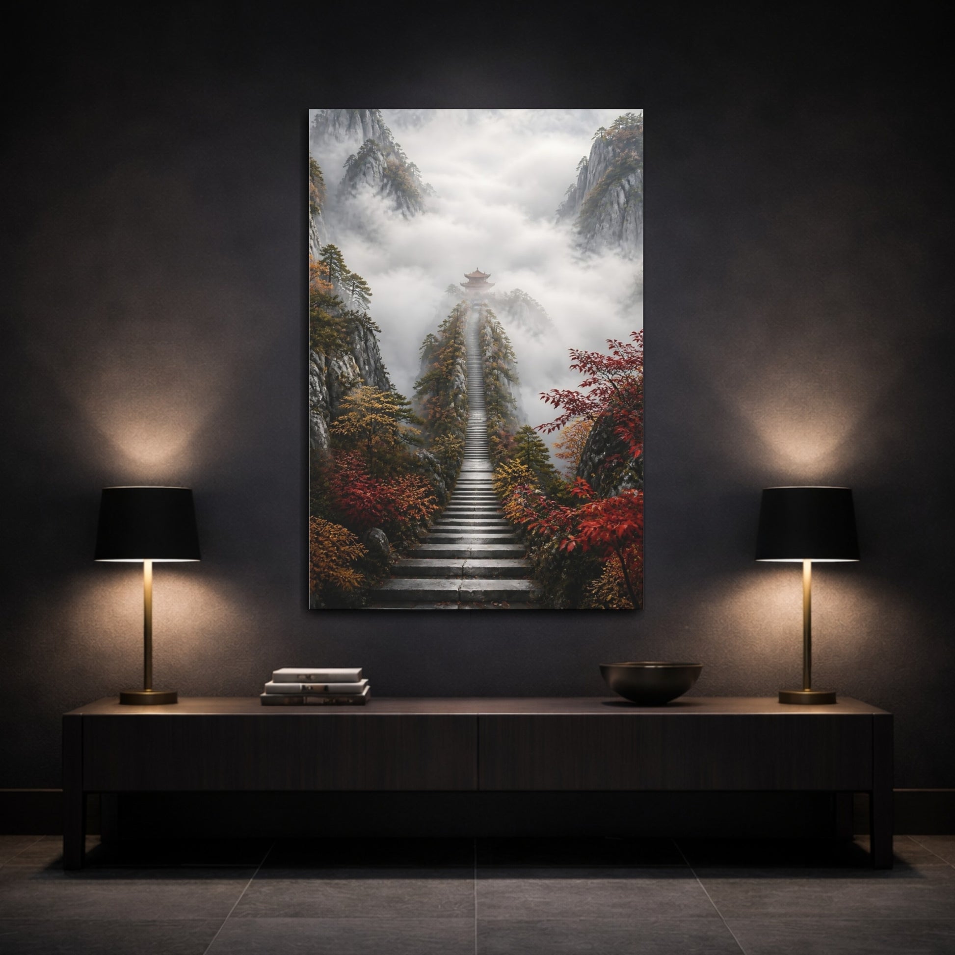 Mockup 3. Nature Mountain Temple Misty Mountain Path shown as stretched canvas wall art