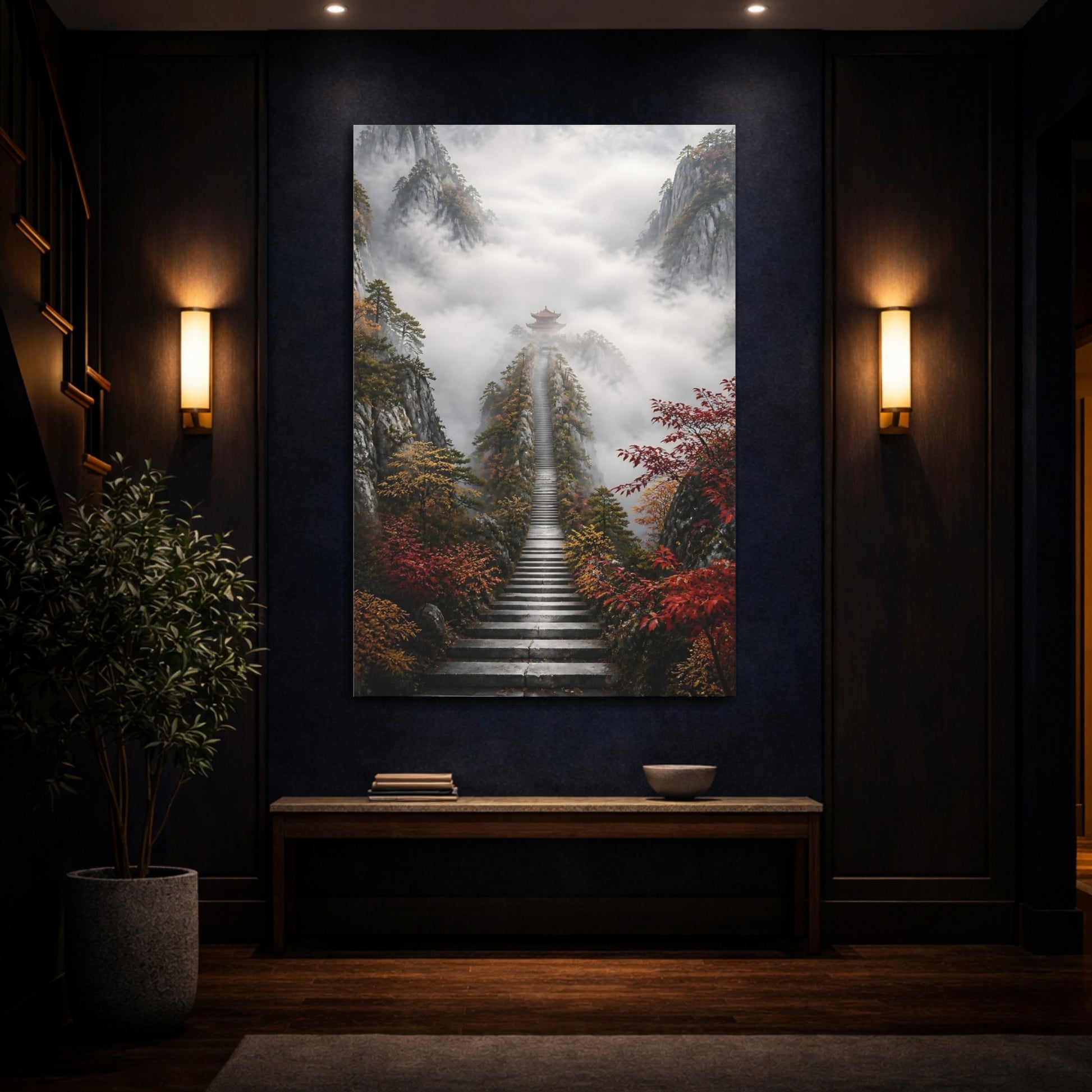 Mockup 4. Nature Mountain Temple Misty Mountain Path shown as stretched canvas wall art