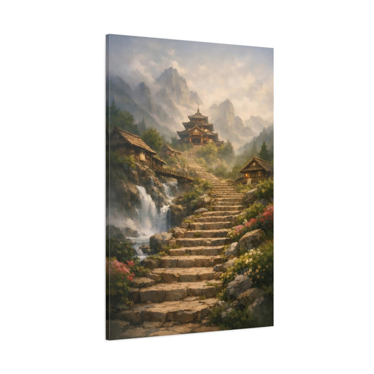 Main Mockup. Nature Mountain Temple Misty Mountain Temple shown as stretched canvas wall art