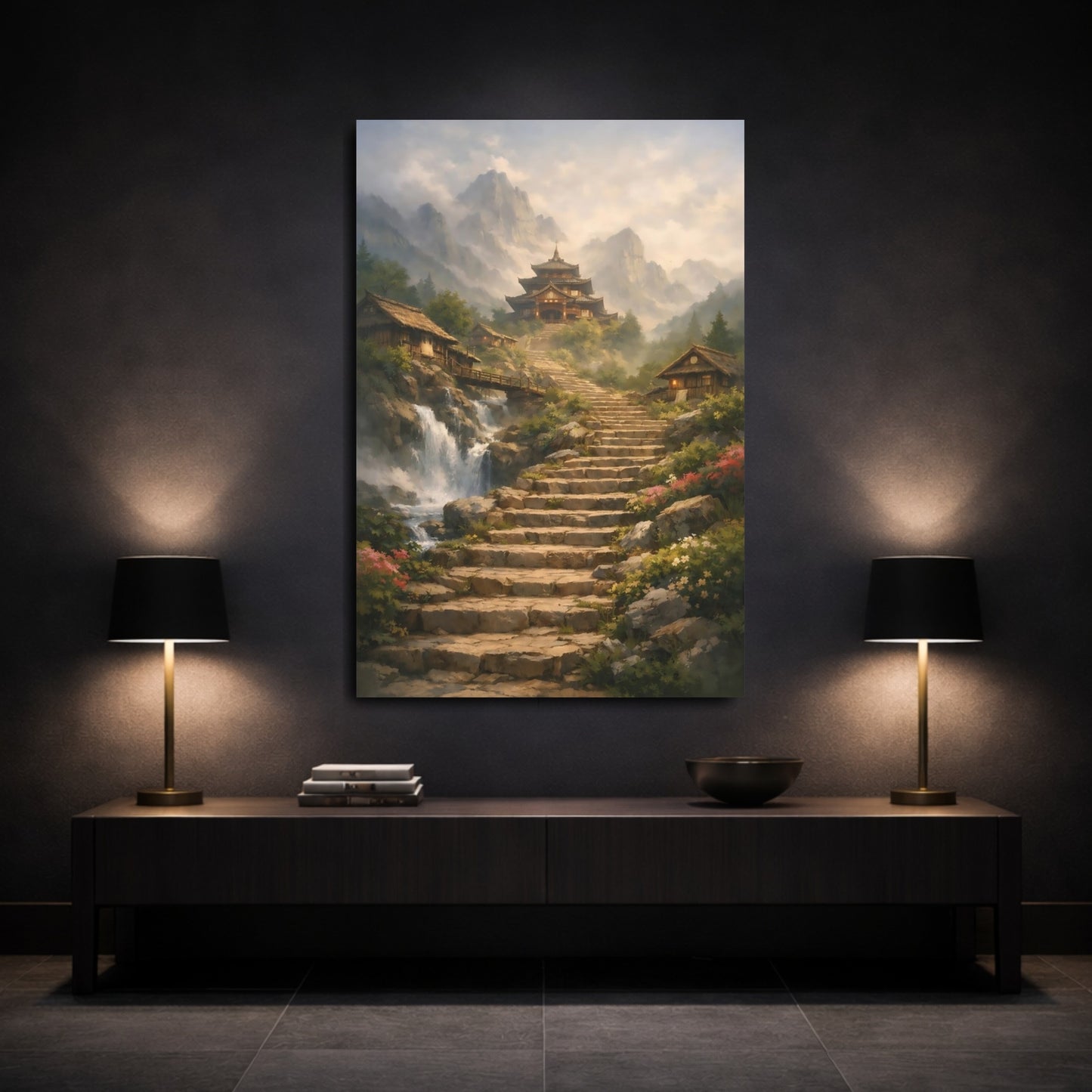 Mockup 2. Nature Mountain Temple Misty Mountain Temple shown as stretched canvas wall art