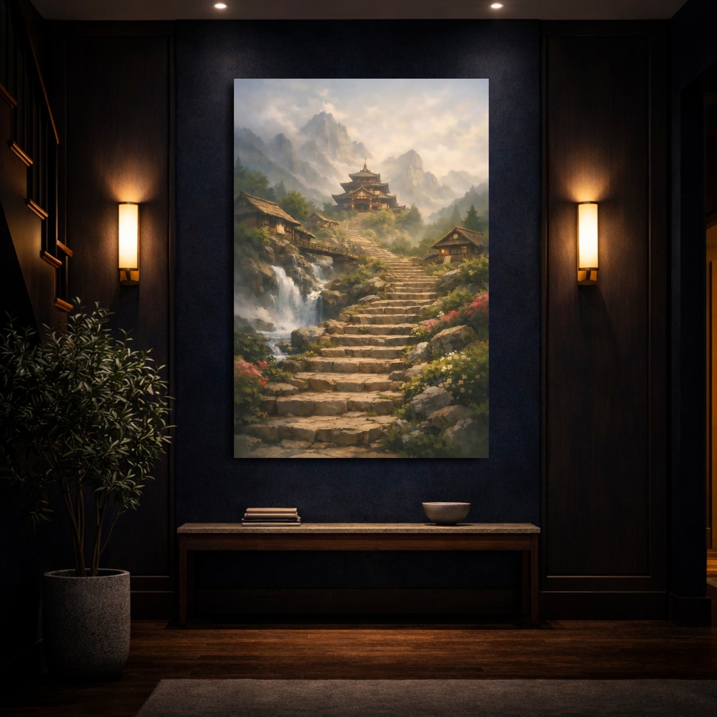 Mockup 3. Nature Mountain Temple Misty Mountain Temple shown as stretched canvas wall art