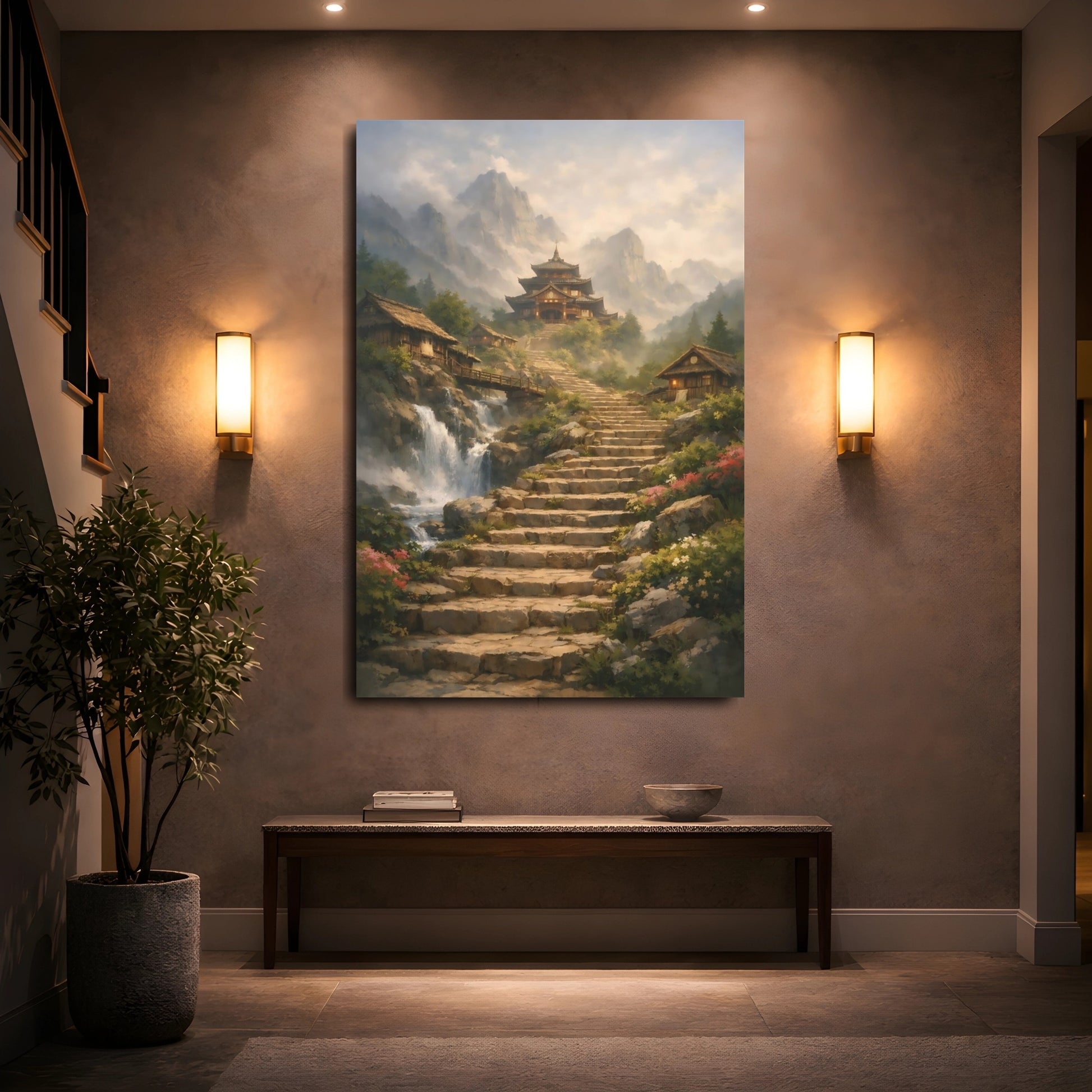 Mockup 4. Nature Mountain Temple Misty Mountain Temple shown as stretched canvas wall art