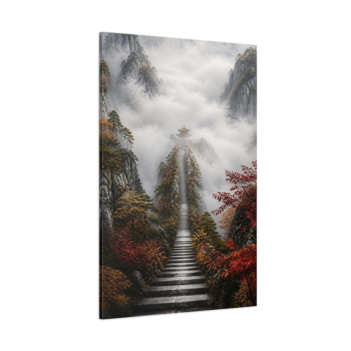 Side Mockup 1. Nature Mountain Temple Misty Mountain Path shown as stretched canvas wall art