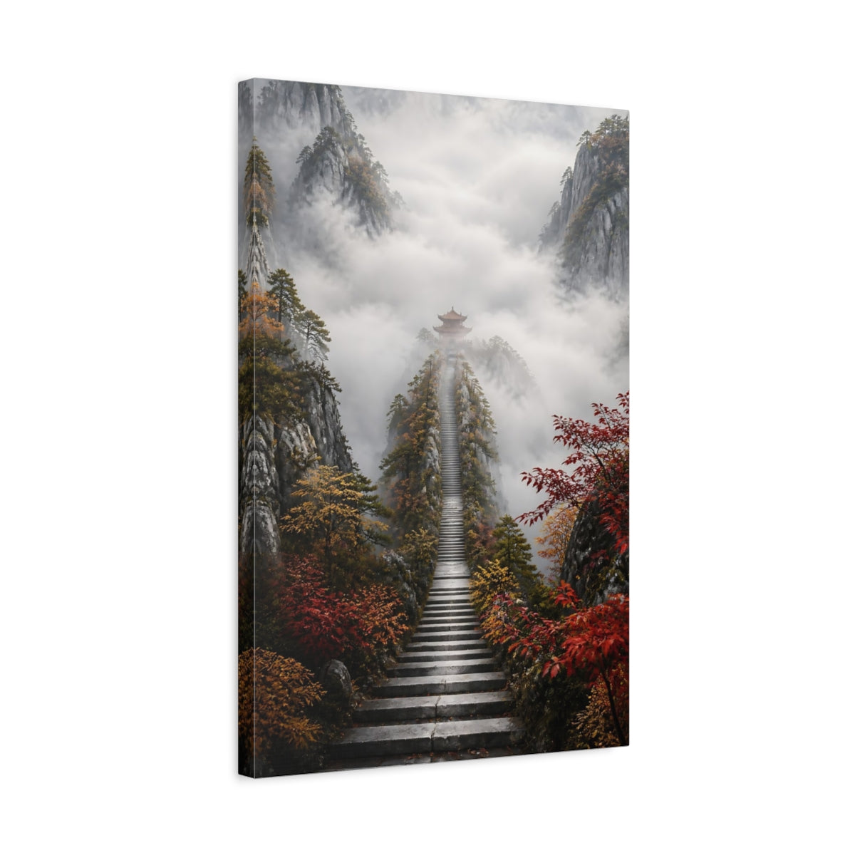 Side Mockup 3. Nature Mountain Temple Misty Mountain Path shown as stretched canvas wall art