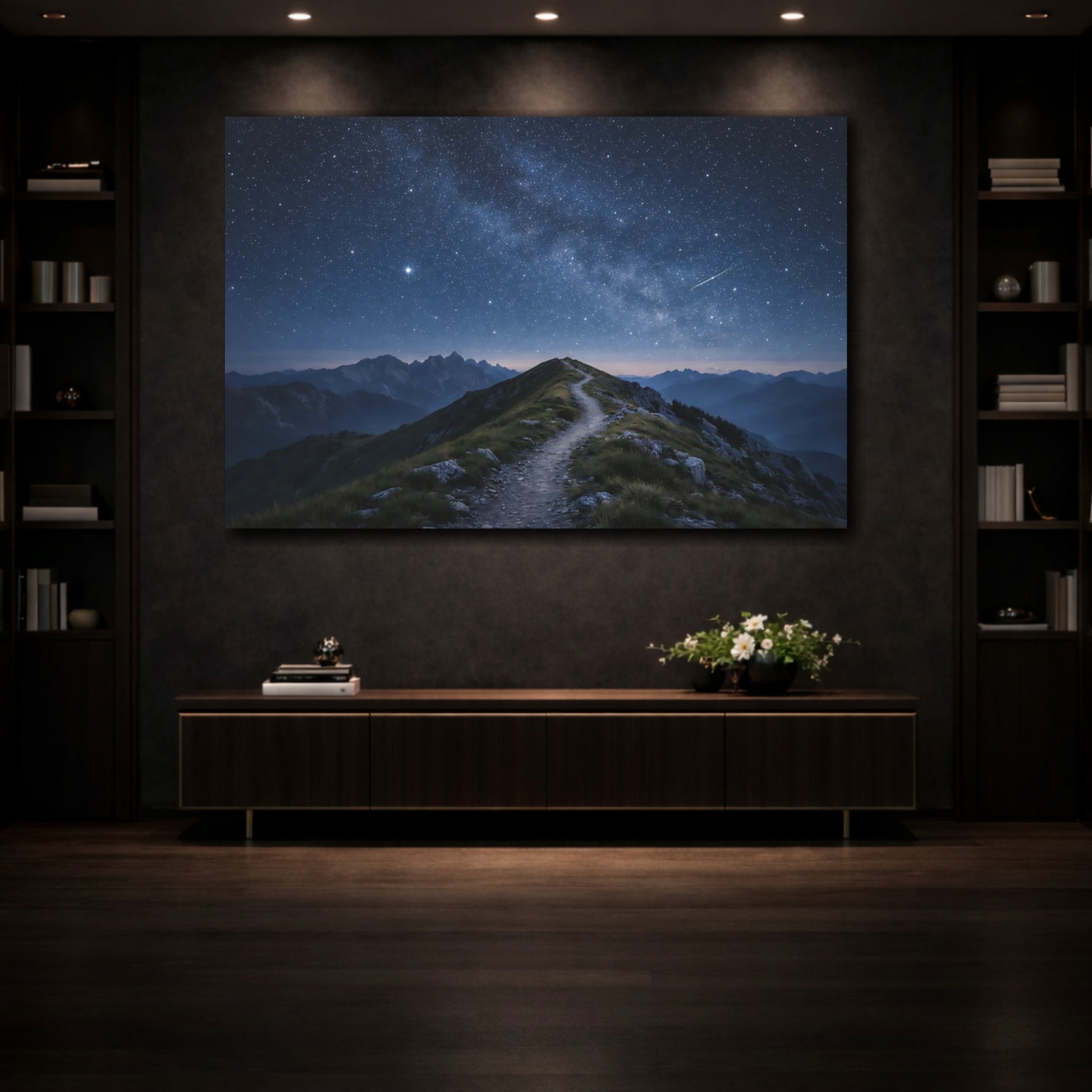Mockup 4. Nature Mountain Trail Starry Night Mountain shown as stretched canvas wall art