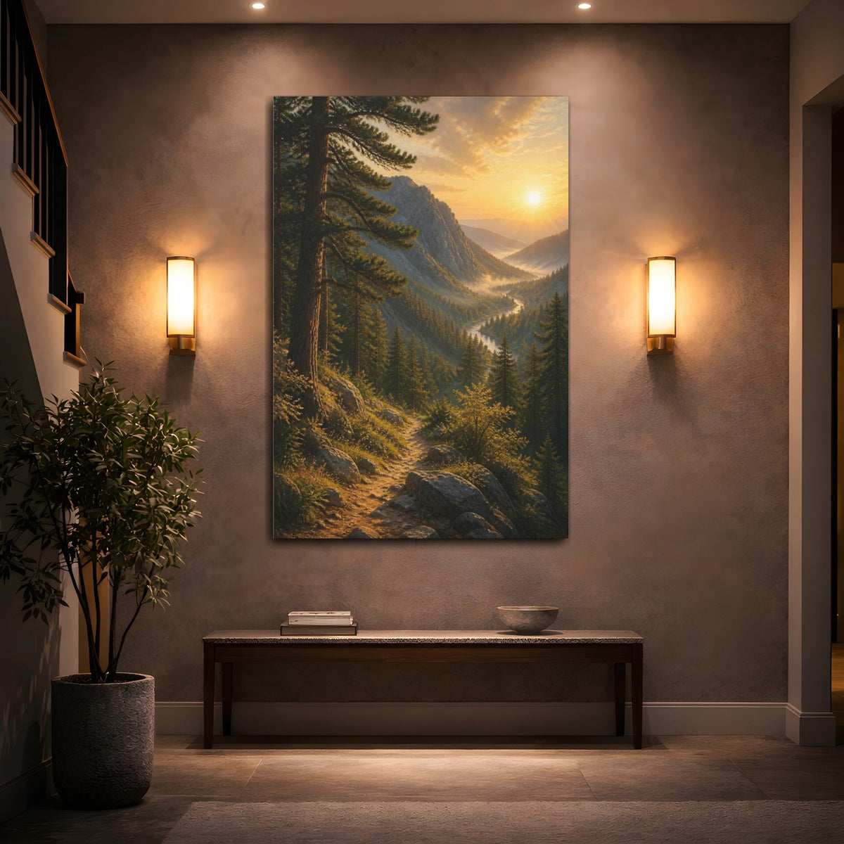 Mockup 2. Nature Mountain Trail Sunrise shown as canvas print