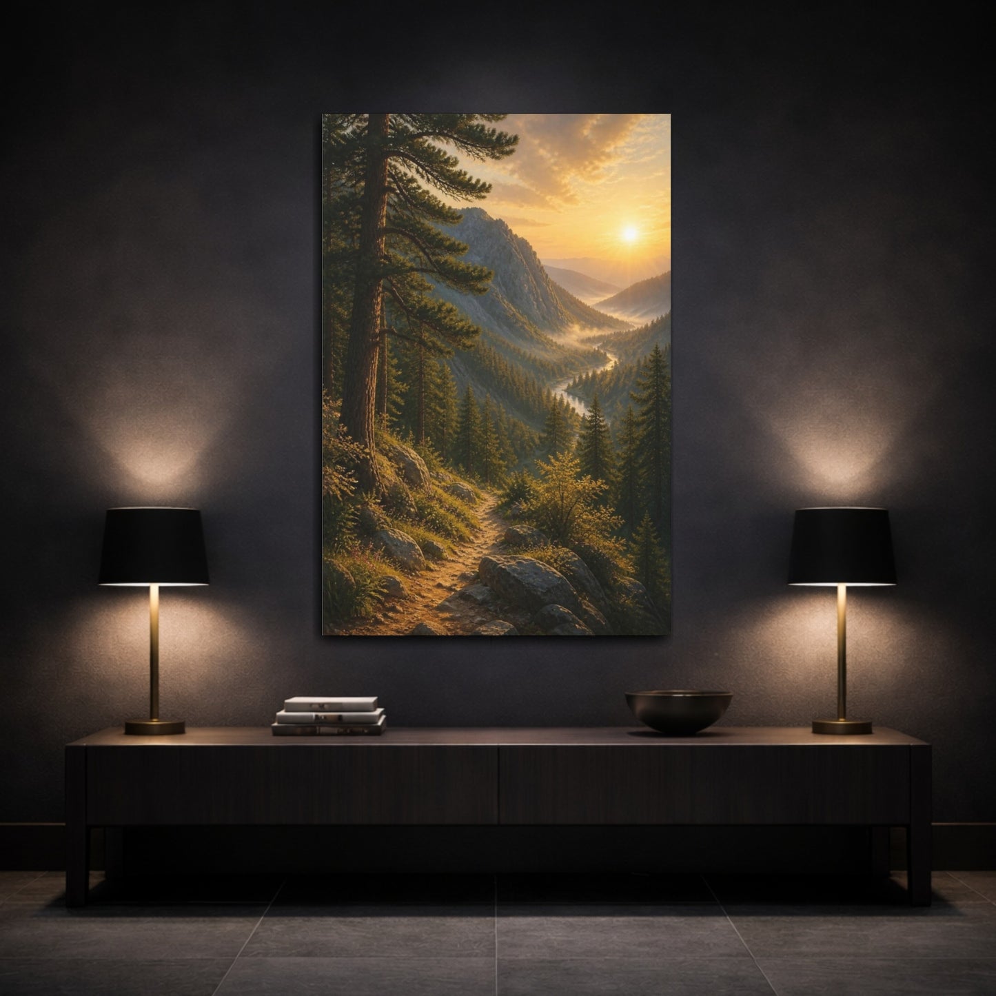 Mockup 3. Nature Mountain Trail Sunrise shown as canvas print