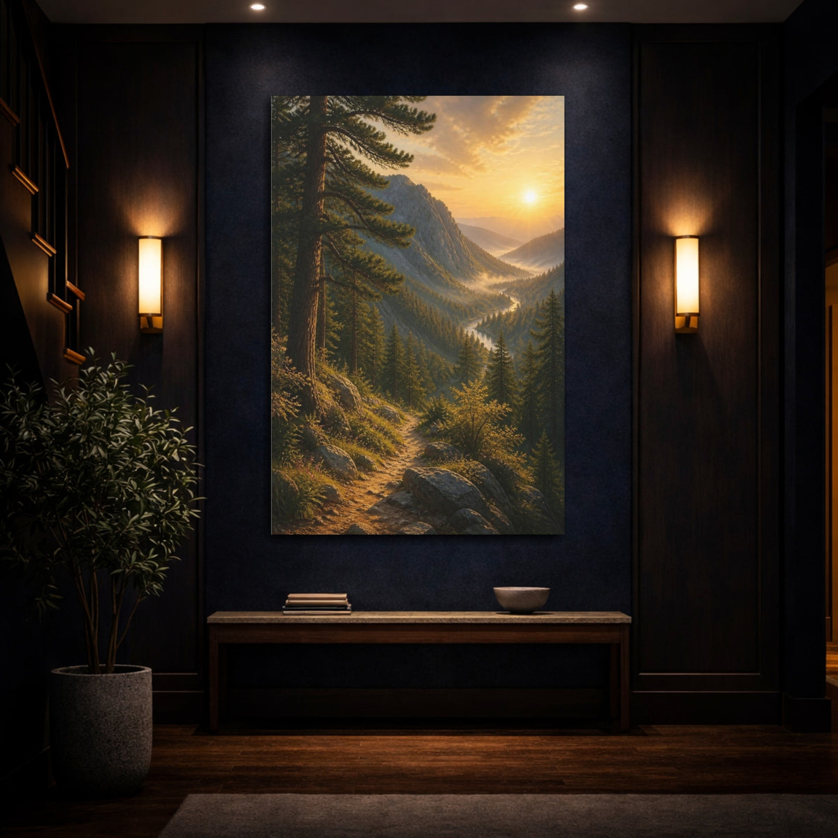 Mockup 4. Nature Mountain Trail Sunrise shown as canvas print