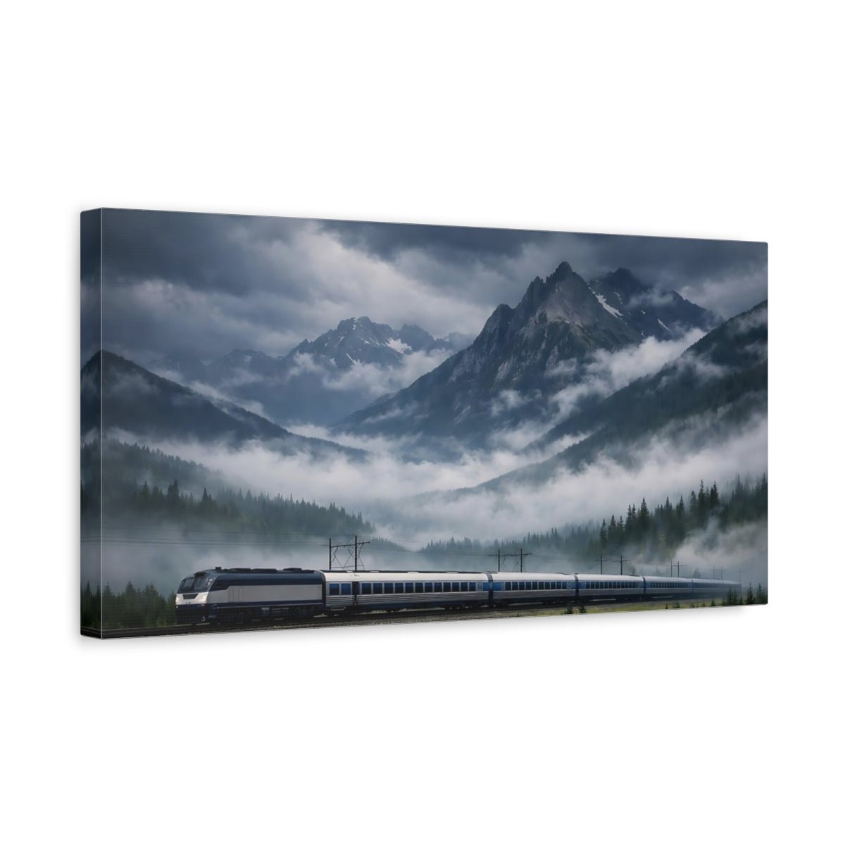 Nature Mountain Train Blue Grey - Canvas Wall Art Print - YesArtYes