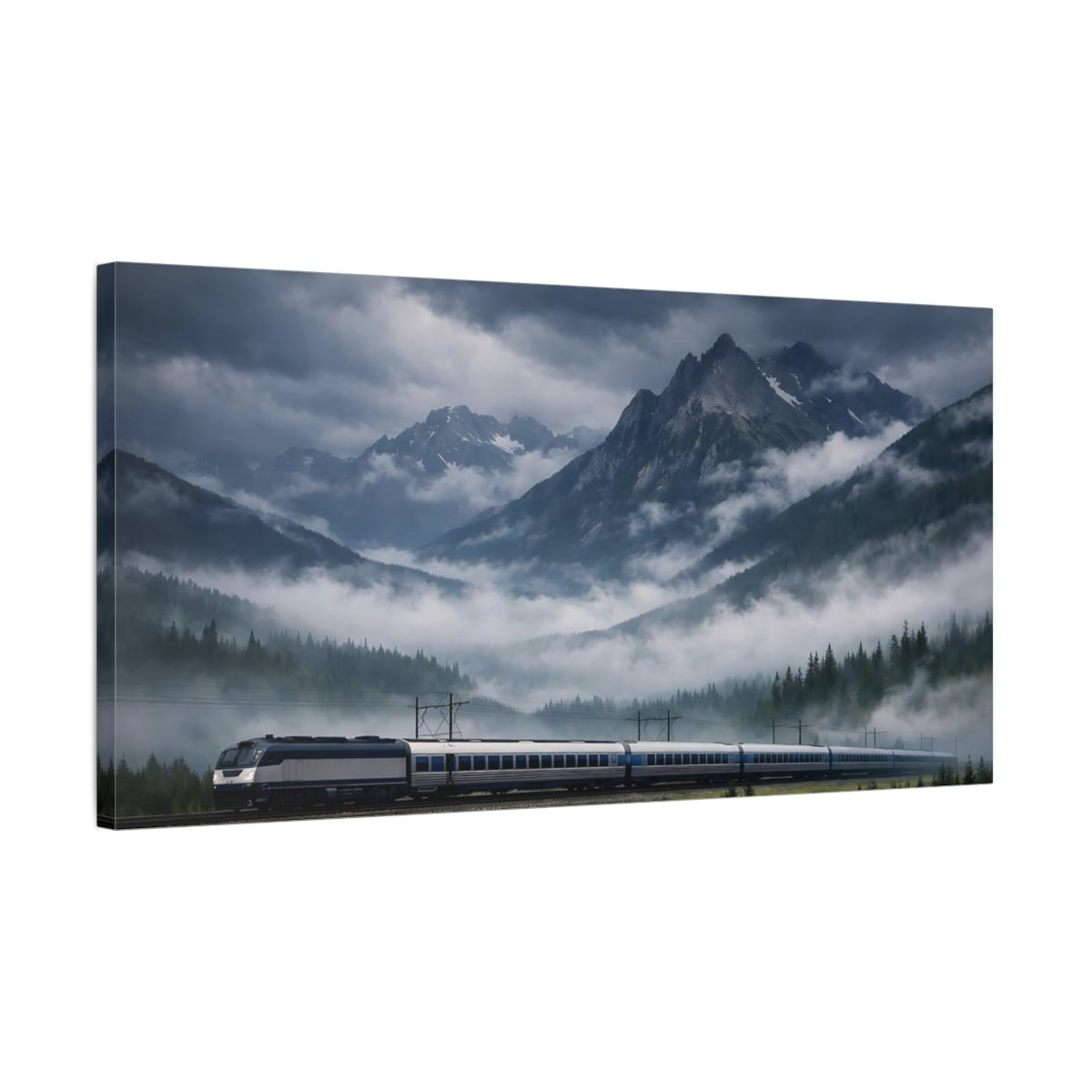 Nature Mountain Train Blue Grey - Canvas Wall Art Print - YesArtYes